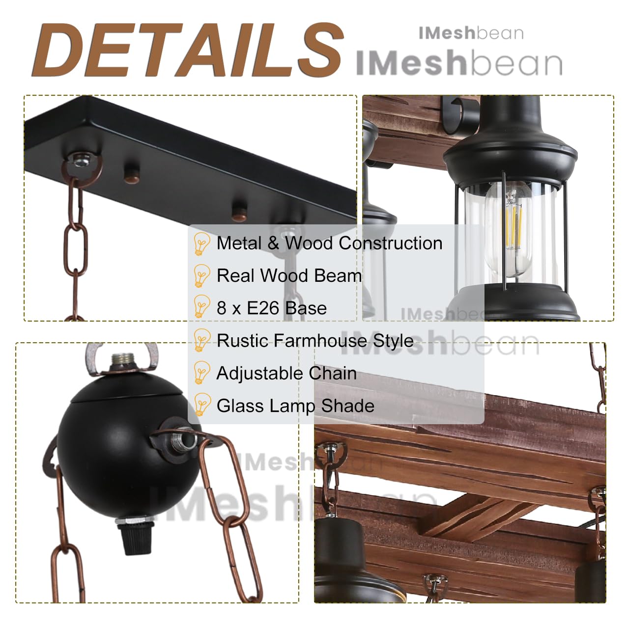 Rustic Chandelier Farmhouse Rustic Light Fixtures for Dining Room Kitchen Island, Industrial Wooden Hanging Lights Ceiling Light Fixture for Game Room Bar Coffee Pool Table (8-Light)