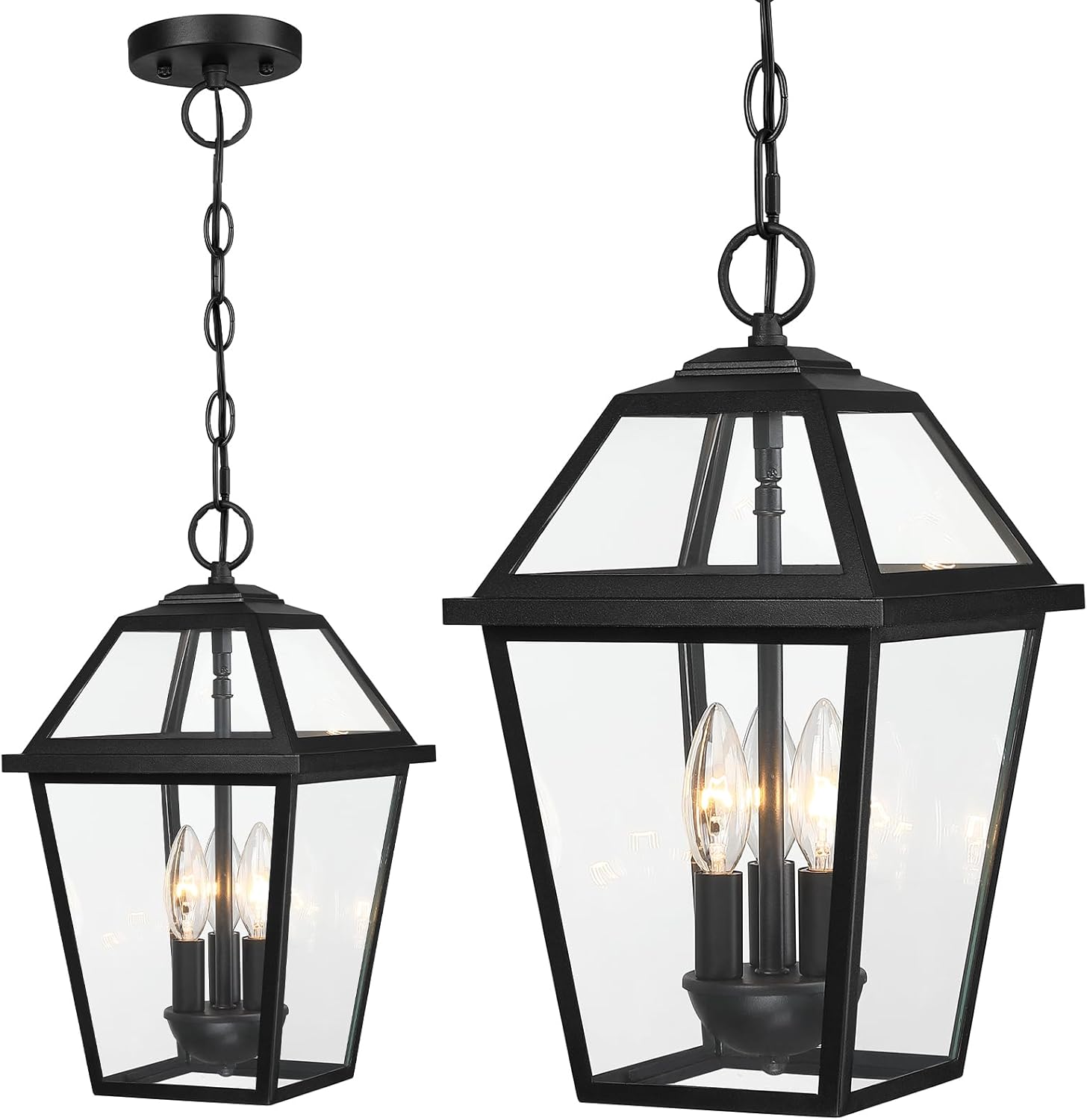 Large Outdoor Hanging Pendant Light 3-Light, 16'' Modern Exterior Hanging Fixture, Farmhouse Matte Black Outside Chandelier with Clear Glass for Front Porch Entryway