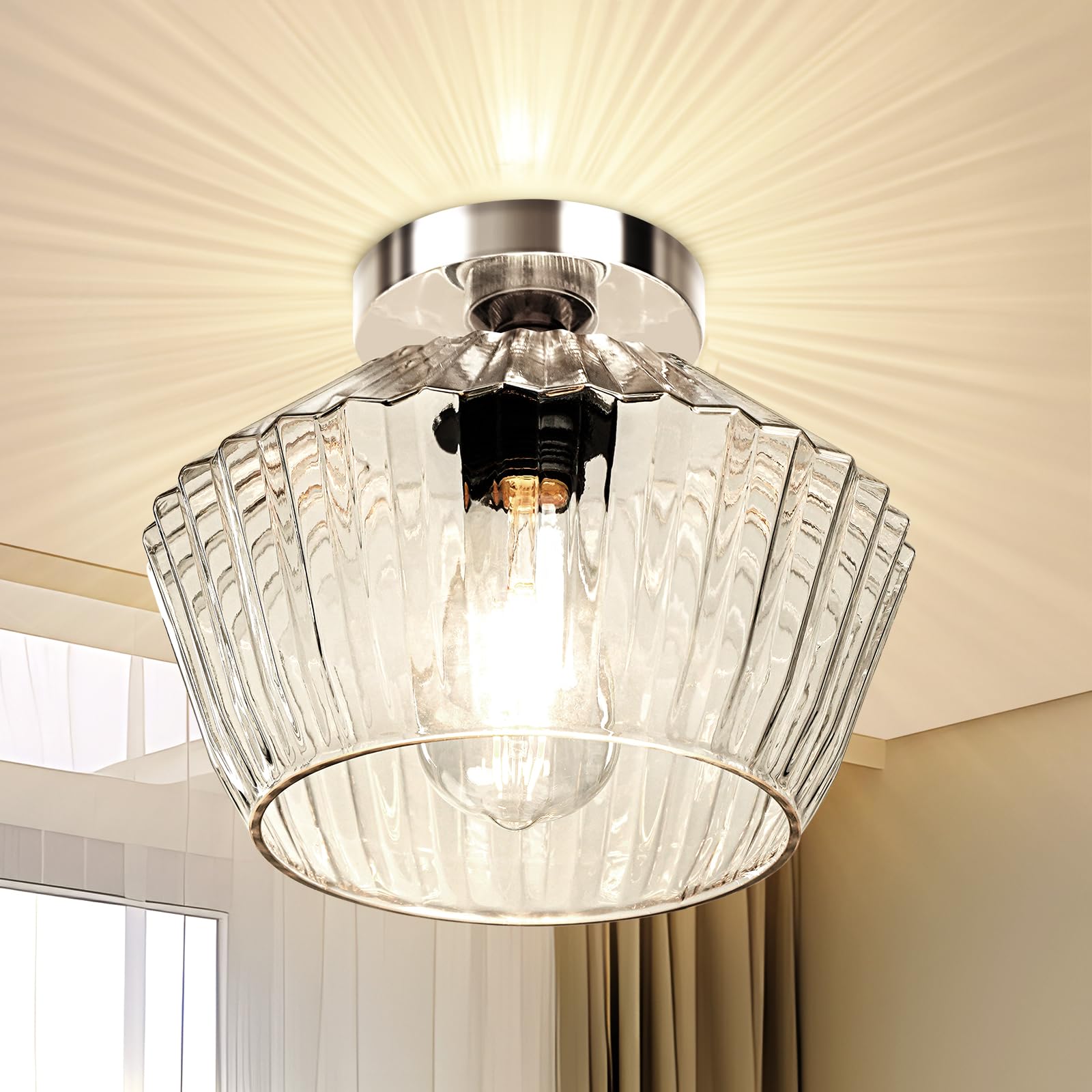 Semi Flush Mount Ceiling Light - Glass Ceiling Light Fixture Black Hallway Light Fixtures Modern Light Fixtures Ceiling for Bedroom Bathroom Entryway Kitchen Porch