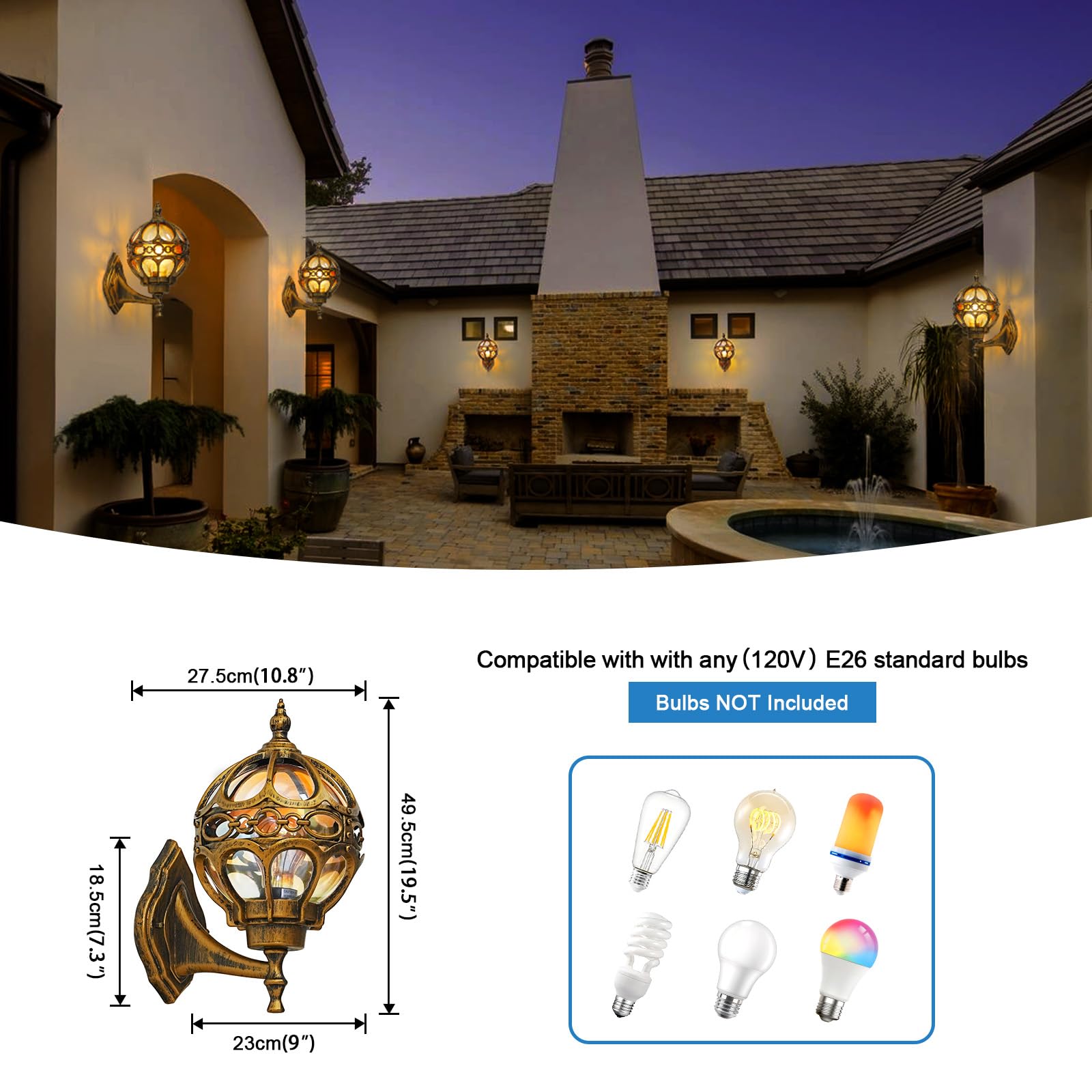 Gold Globe Outdoor Wall Light Fixtures for Garage Porch Patio House Garden Hallway Front Door, Sphere Anti-Rust Exterior Wall Sconces Lanterns, Aluminum 2 Pack Wall Mount Soccer Ball Lamp