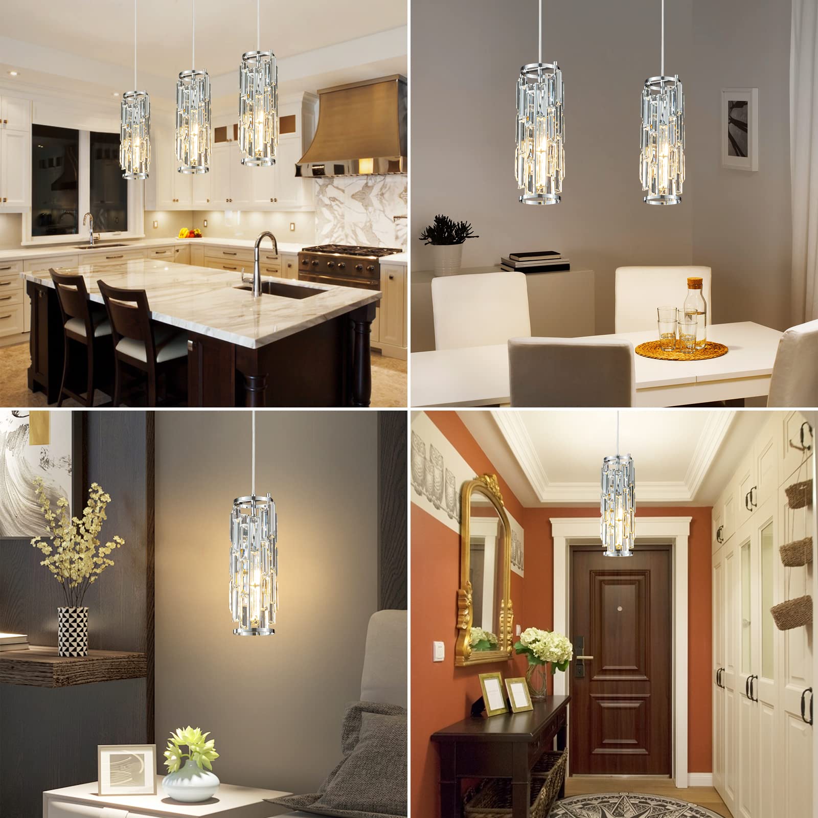 LMQNINE Pendant Lighting Modern Pendant Light, Mini Crystal Chandeliers,Adjustable Pendant Light Fixture for Kitchen Island Dinning Room Bedroom (Gold, 3-Light)