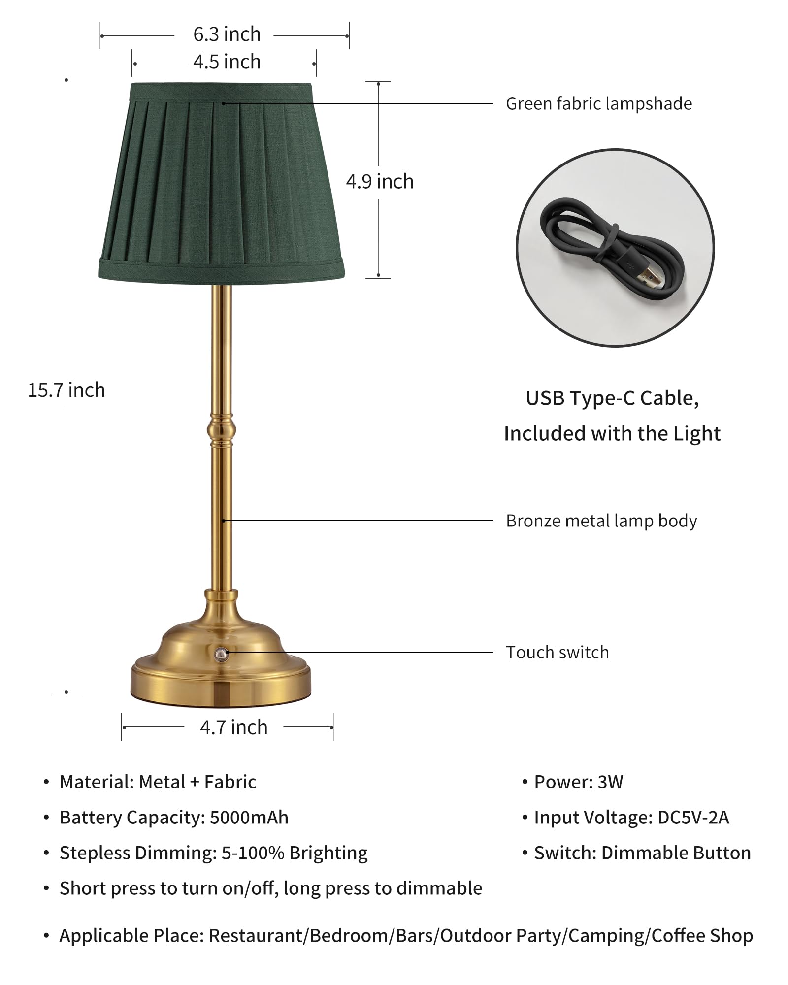 KDG Portables Cordless Table Lamp, Fabric Shade Desk Lamp, 5000mAh Rechargeable Battery Powered Lighting, Dimmable Light for Dining Room, Bedroom, Bedside, Bar, Night Light, Camping, Balcony (Bronze)