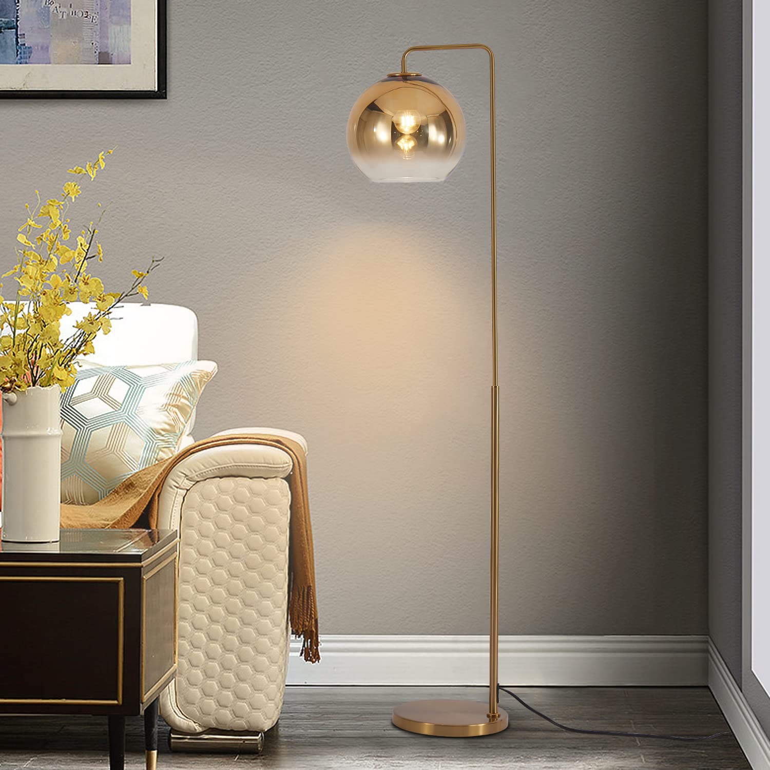 Lighting Contemporary Gradient Gold Floor Lamp Glass Globe LED Standing Light Mid Century Tall Pole Standing Accent Lighting for Office Living Room Bedroom (9.8”-Large)