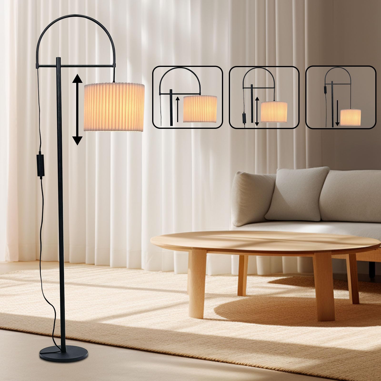 66''Floor Lamp,9W LED Edison Bulbs Included Nordic Design Standing Lamp with Foot Switch with Pleated Shade, Tall Floor Lamp Reading for Living Room Bedroom Office Classroom Dorm Room