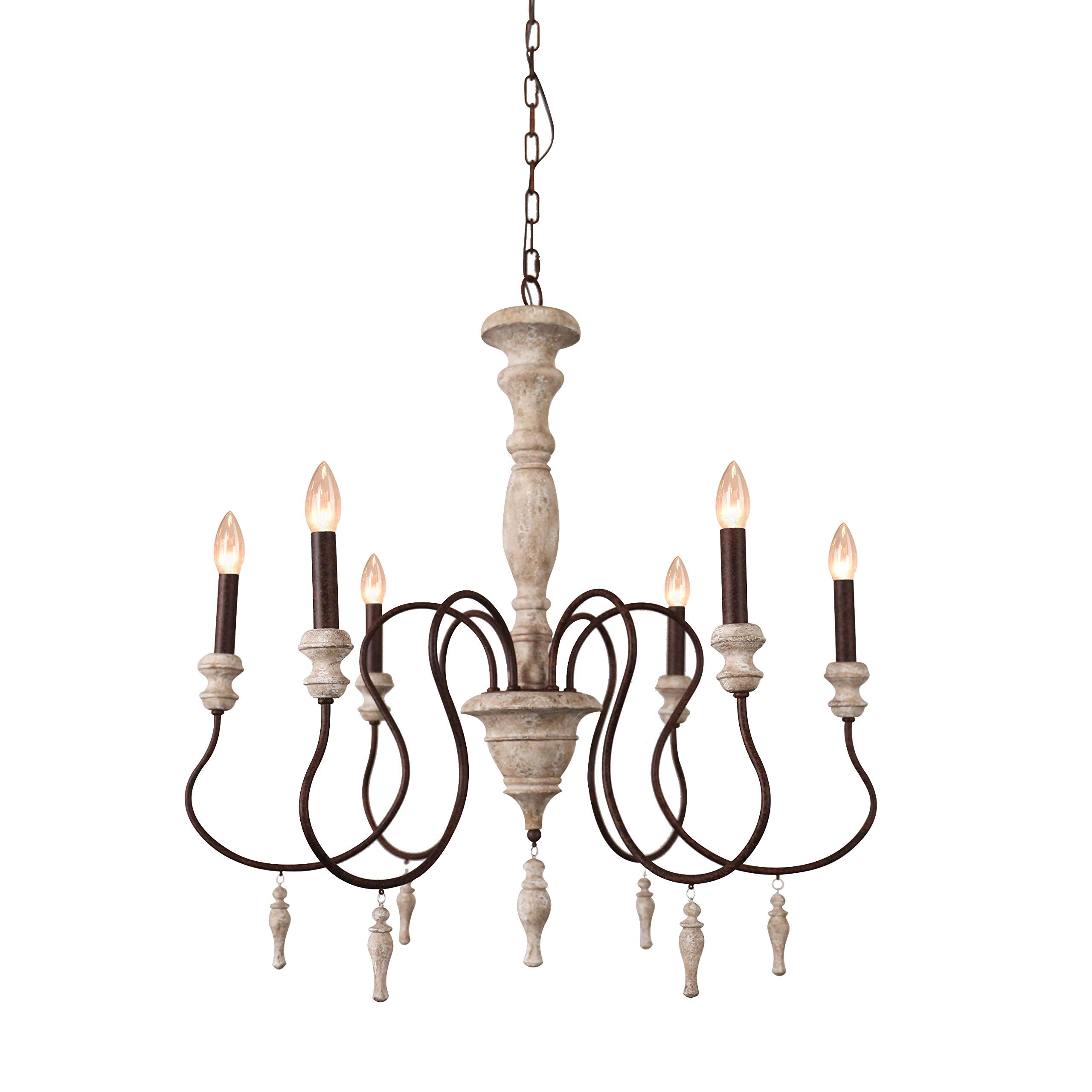 Rustic Wood Chandelier with 6 Candle Light, Royal French Country Wooden Chandelier Farmhouse Styel, Adjustable