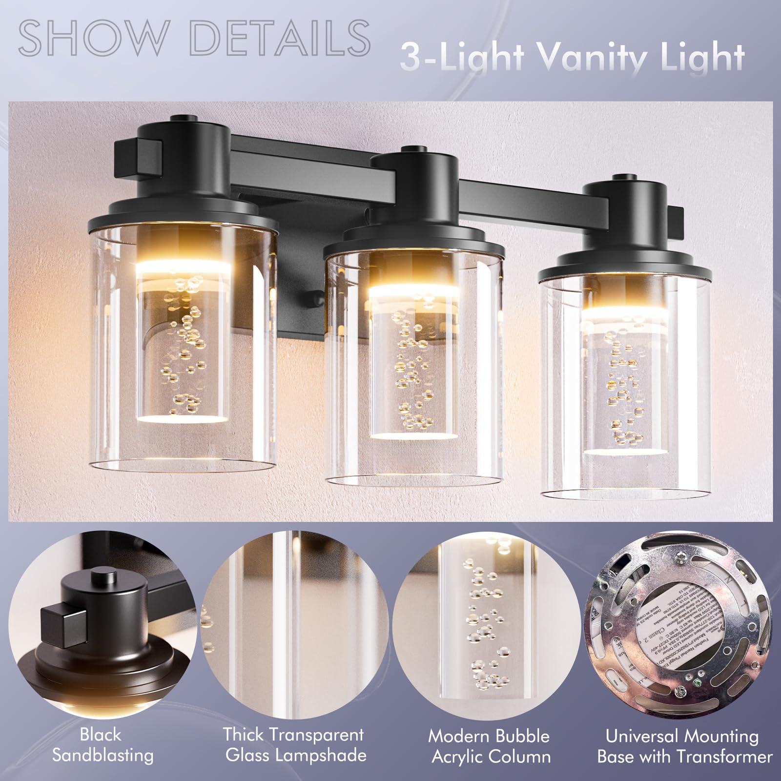 Bathroom Vanity Light Fixtures, 3-Light LED Lighting Fixtures Over Mirror, 5 CCT Modern Chrome Vanity Light for Bathroom with Crystal Bulb Clear Glass Shade Dimmable Bathroom Wall Lamp