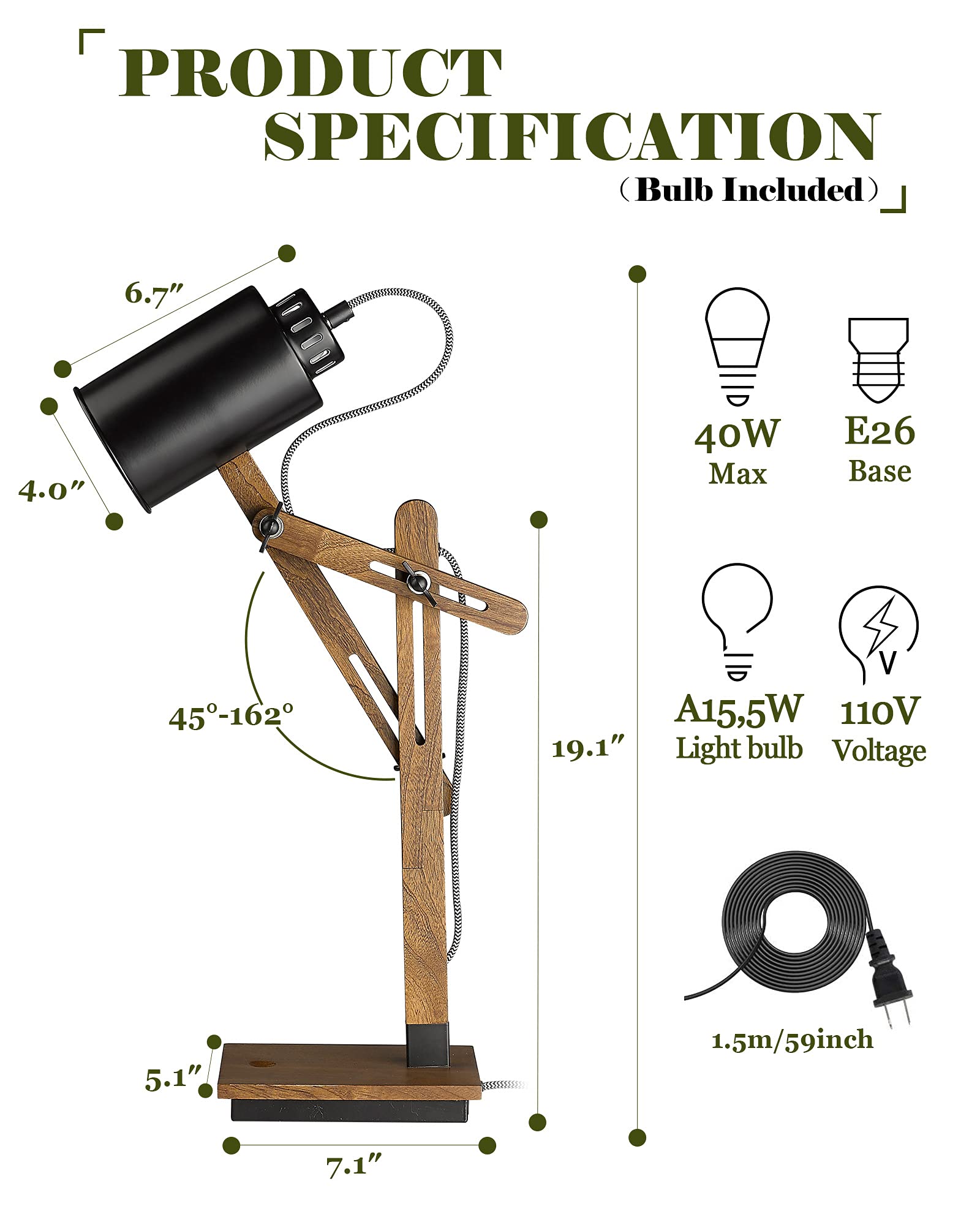 Industrial Table Lamp, Sapele Wood Desk Lamp with Upgraded Wireless Charger & USB C Port, Swing Arm Reading Task Light for Farmhouse, Dorm Office, Bedroom Livingroom, LED Bulb Included, Grey