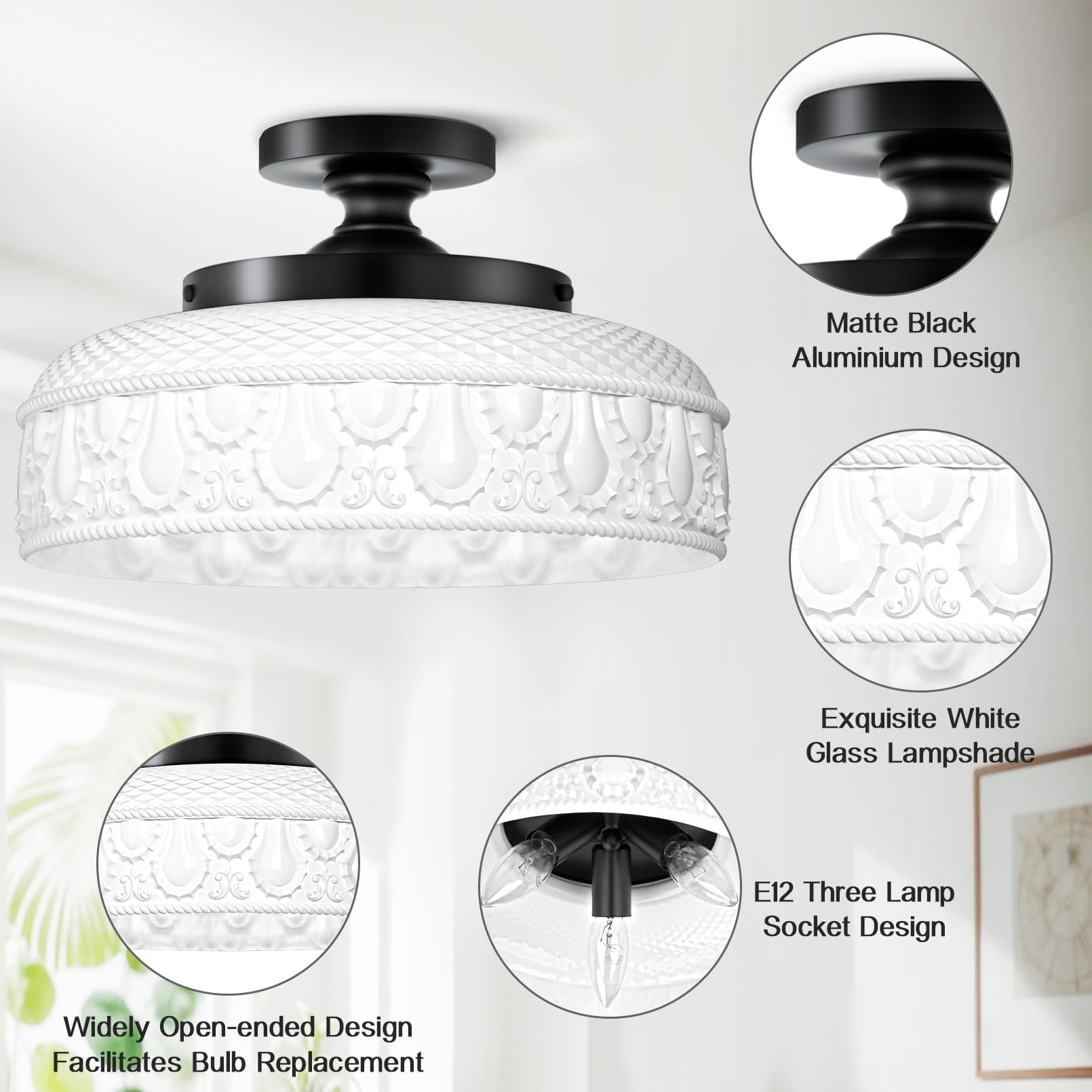 Semi Flush Mount Ceiling Light, Upgraded Larger Golden Hallway Light Fixture, 3-Bulb Globe Glass Close to Ceiling Light,Indoor Hanging Light for Bedroom Kitchen Porch Hallway,Bulbs Not Included