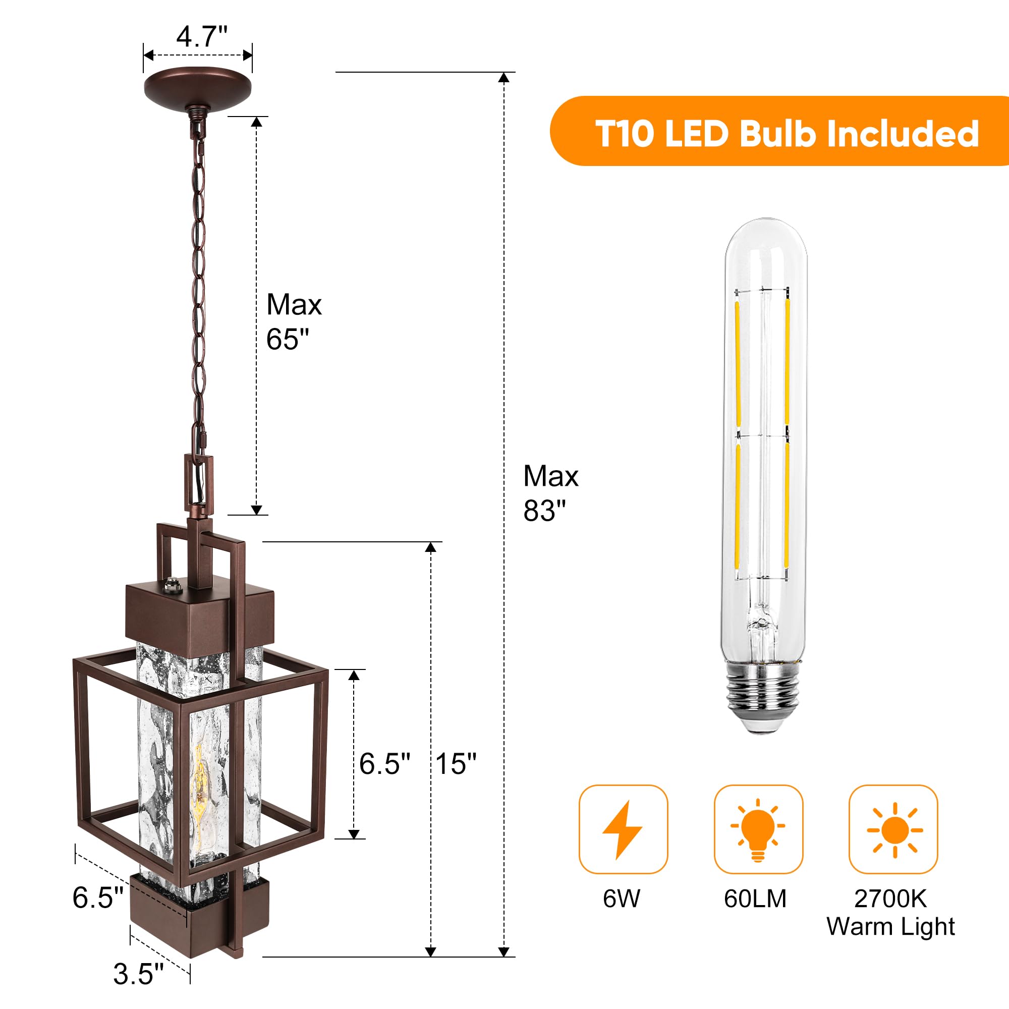 15" Dusk to Dawn Outdoor Pendant Light Exterior Hanging Lantern, Modern Black Metal Outside Chandelier Light Fixture Ceiling Mount with Water Glass for Front Porch Entrance Foyer Entryway