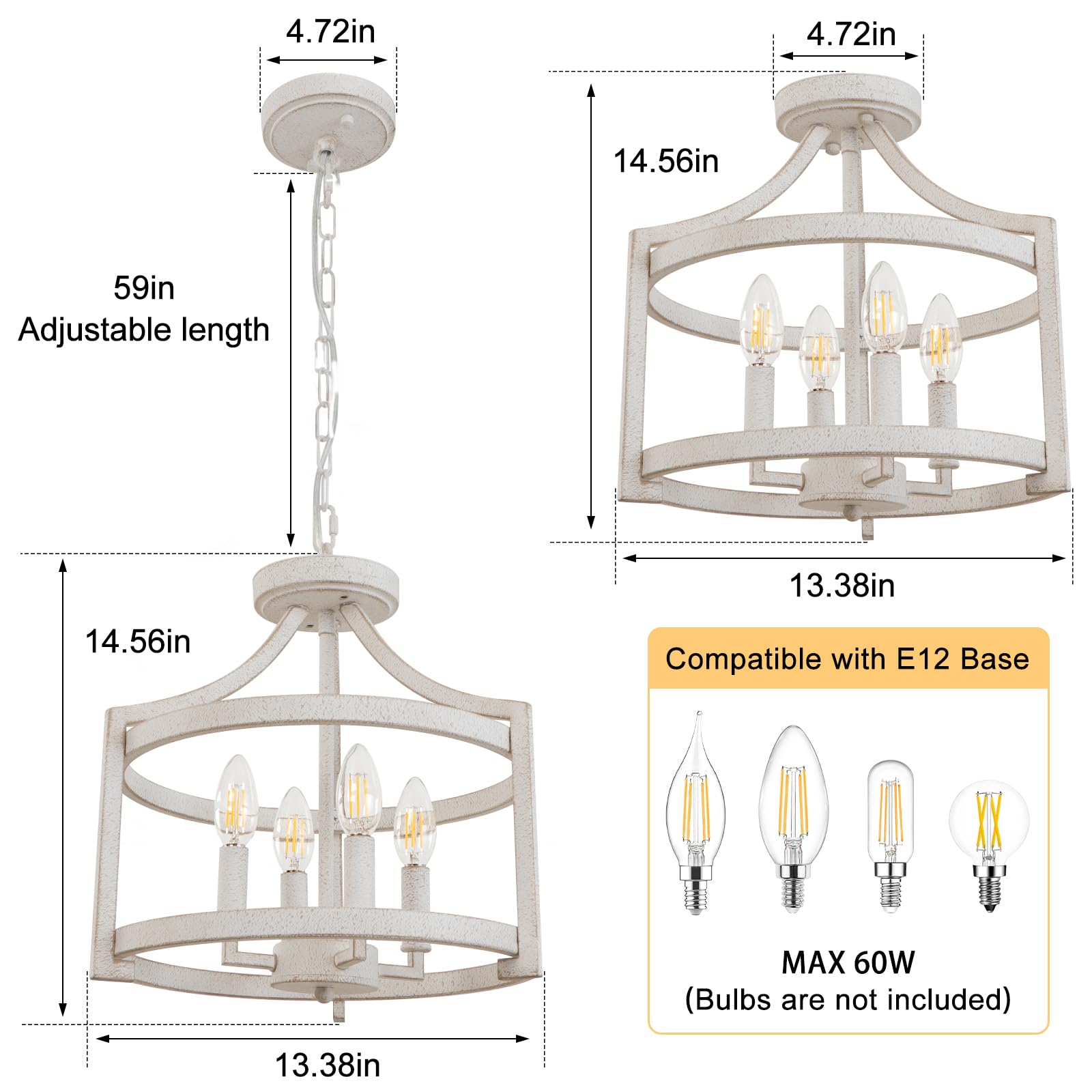 Antique White Farmhouse Chandelier, 4-Light Semi Flush Mount Ceiling Light Fixture Convertible Pendant Light Fixtures, Rustic Height Adjustable Metal Chandeliers for Dining Room Kitchen