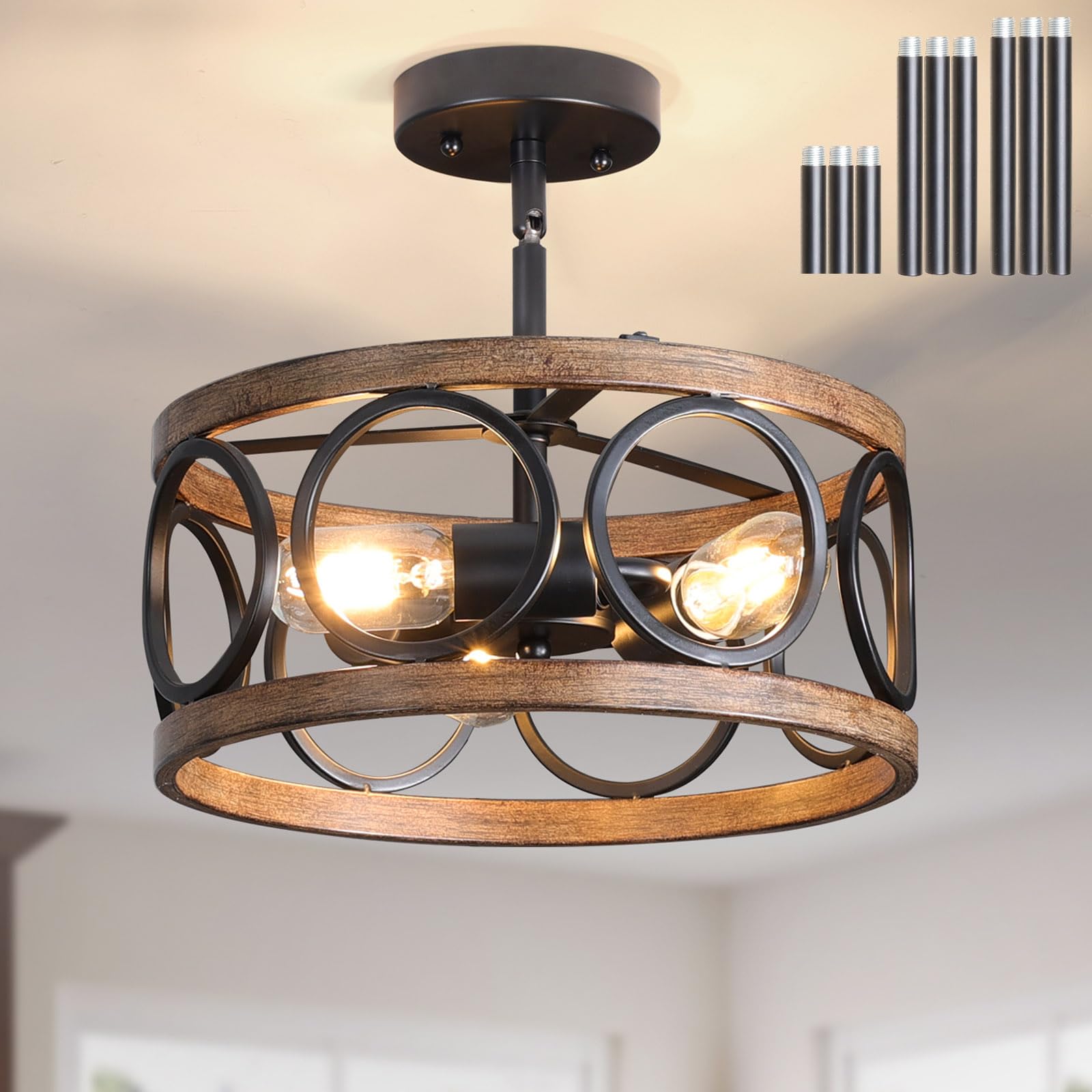 Semi Flush Mount Ceiling Light, 3-Lights Modern Farmhouse Ceiling Lighting Fixture, Vintage Close to Ceiling Light for Kitchen Hallway Foyer Bedroom Black and Wood Grain Finish