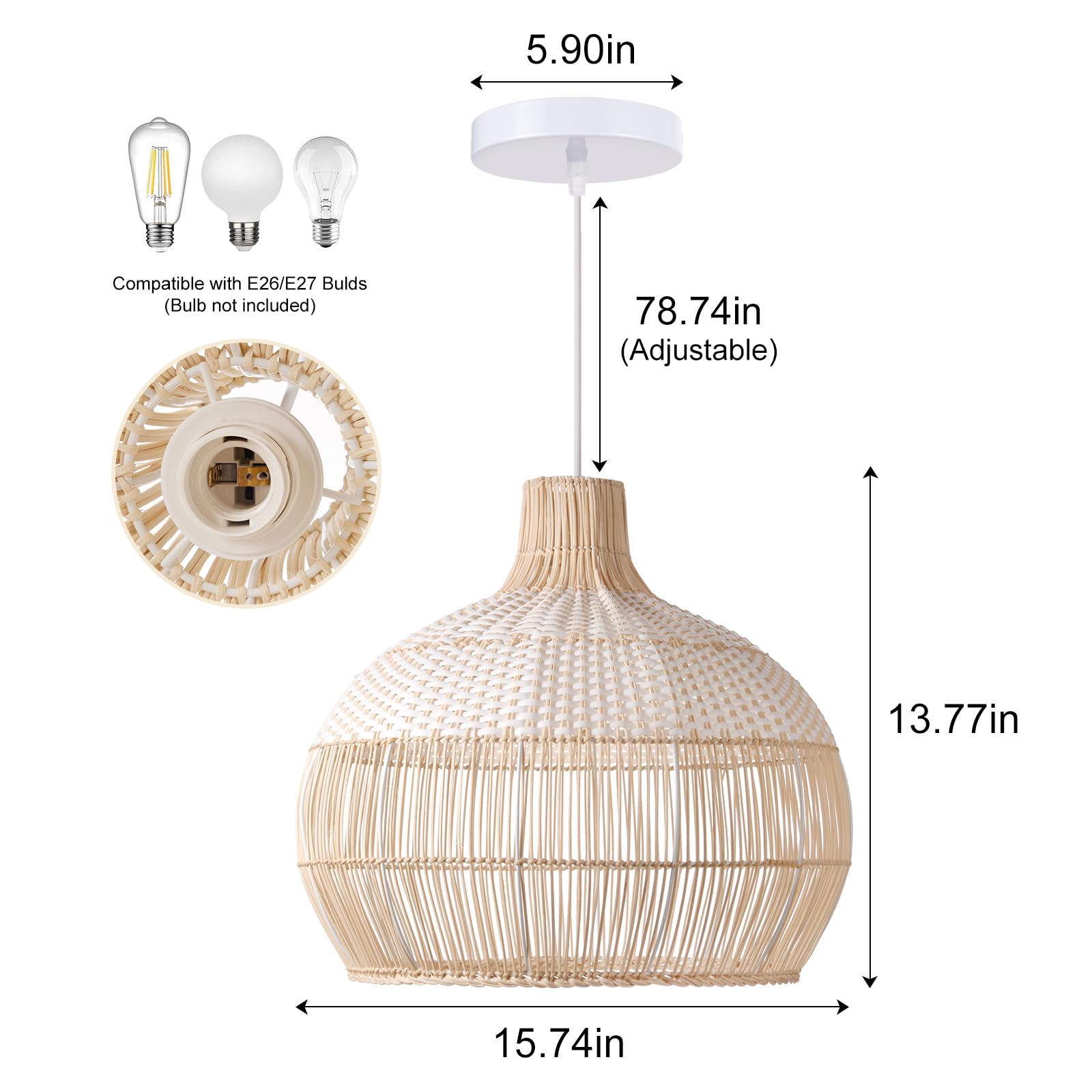 White Rattan Pendant Lights, Farmhouse Coastal Wicker Hanging Ceiling Lighting Chandelier, Handmade Woven Lampshade for Kitchen Island