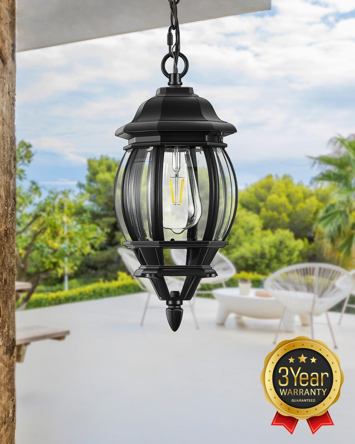 Black Outdoor Pendant Light, Aluminum Hanging Outdoor Lights with Waterproof, Outdoor Ceiling Lights for Porch Anti-Rust, Adjustable Outdoor Chandelier Lantern for House, Door