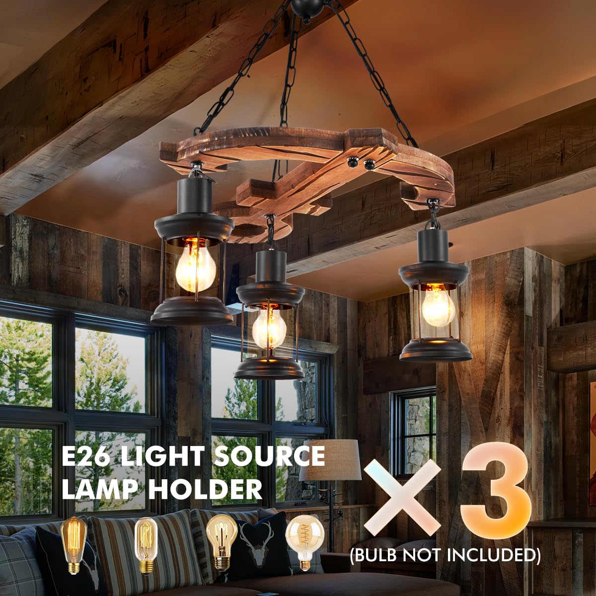 8 Lights Industrial Retro Wooden Chandelier Pendant Light Island Hanging Ceiling Fixture Vintage Farmhouse Wood Light Adjustable Chain for Home Cafe Bar Restaurant (39.4")