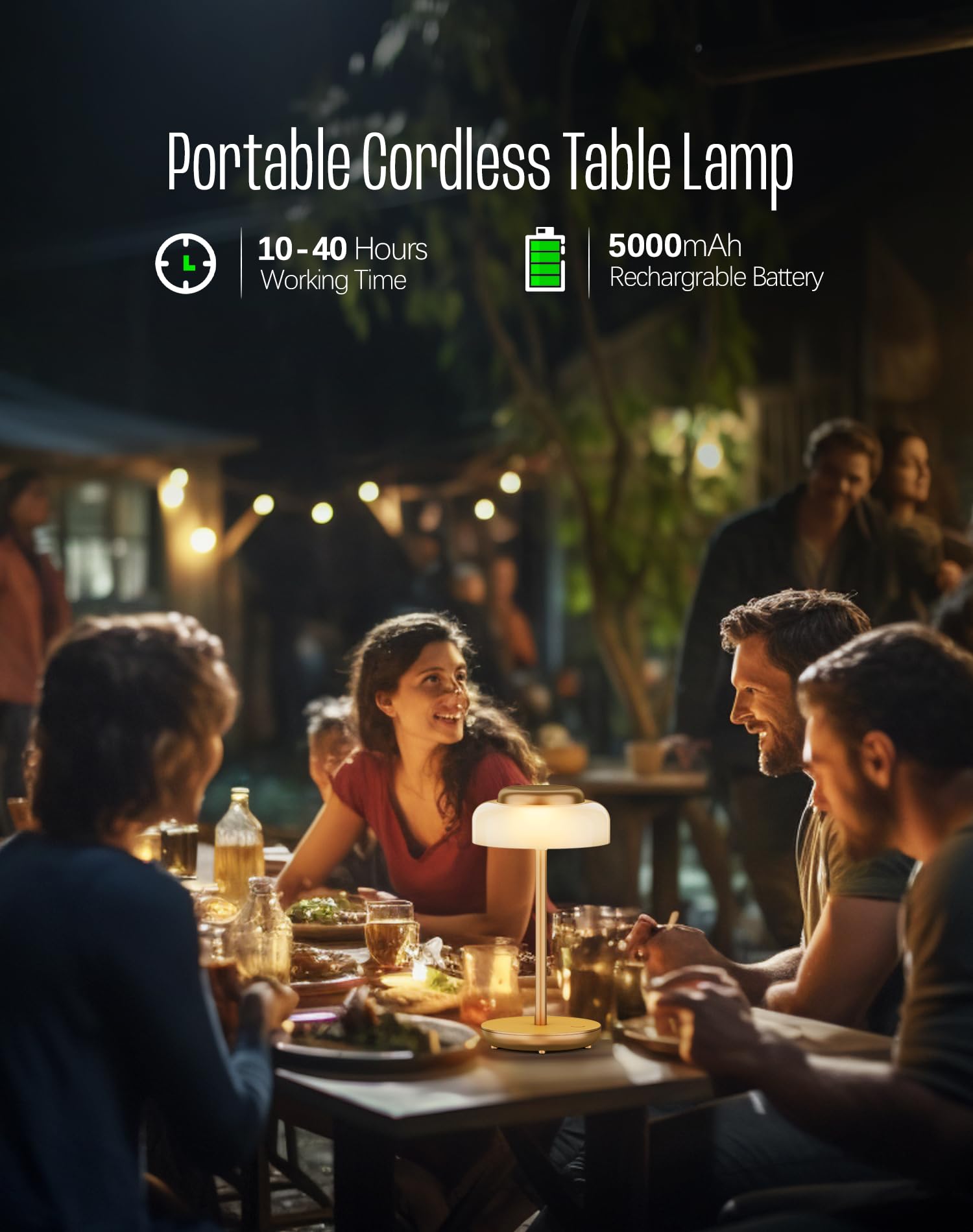 Battery Operated LED Table Lamp, 5000mAh Waterproof Cordless Desk Lamp with 3 Level Brightness Touch Control, Mini Rechargeable Night Light for Living Room, Bedroom, Outdoor bar (Black)