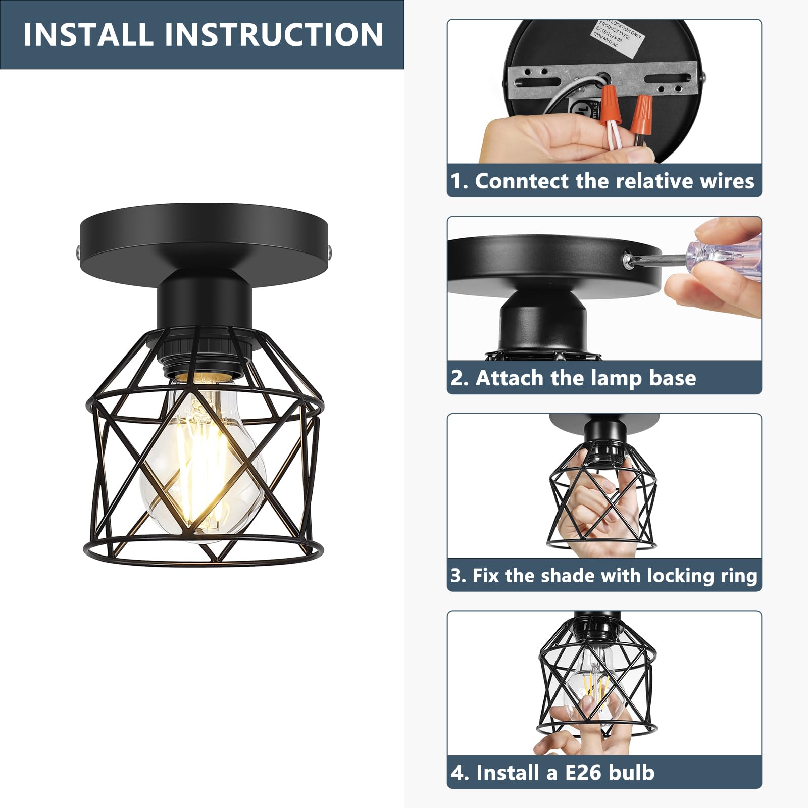 2-Pack Farmhouse Semi Flush Mount Ceiling Light, Black Hallway Light Fixtures Ceiling Mount, Small Metal Cage Indoor Ceiling Lamp for Kitchen Porch Bedroom (LED Bulbs Included)