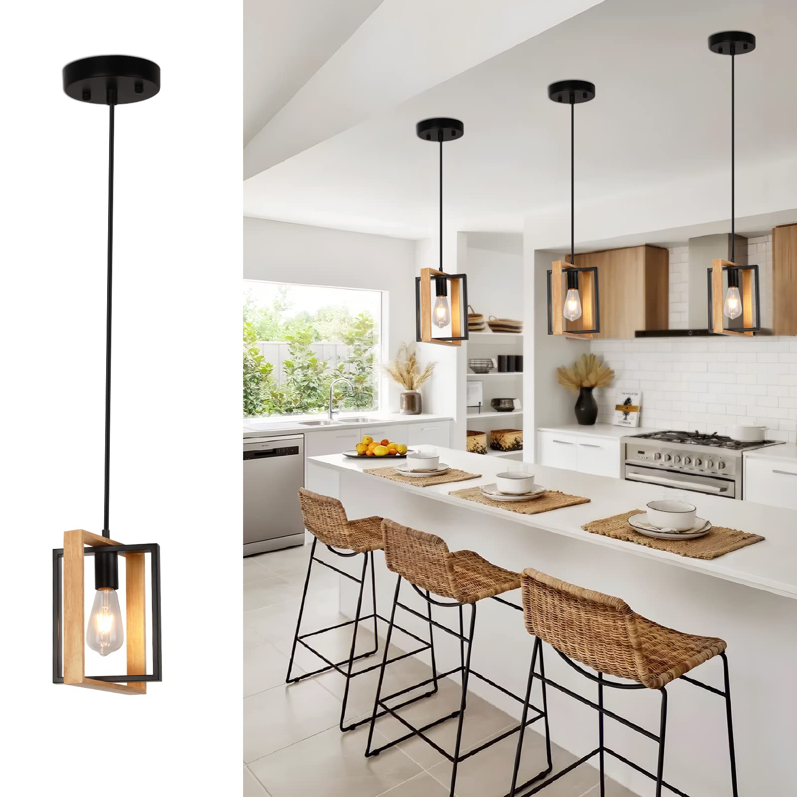 Farmhouse Kitchen Island Lighting Black Pendant Light Fixtures 4-Light Dining Room Lights Wood Chandelier Adjustable Hanging Pendant Lighting for Kitchen Island