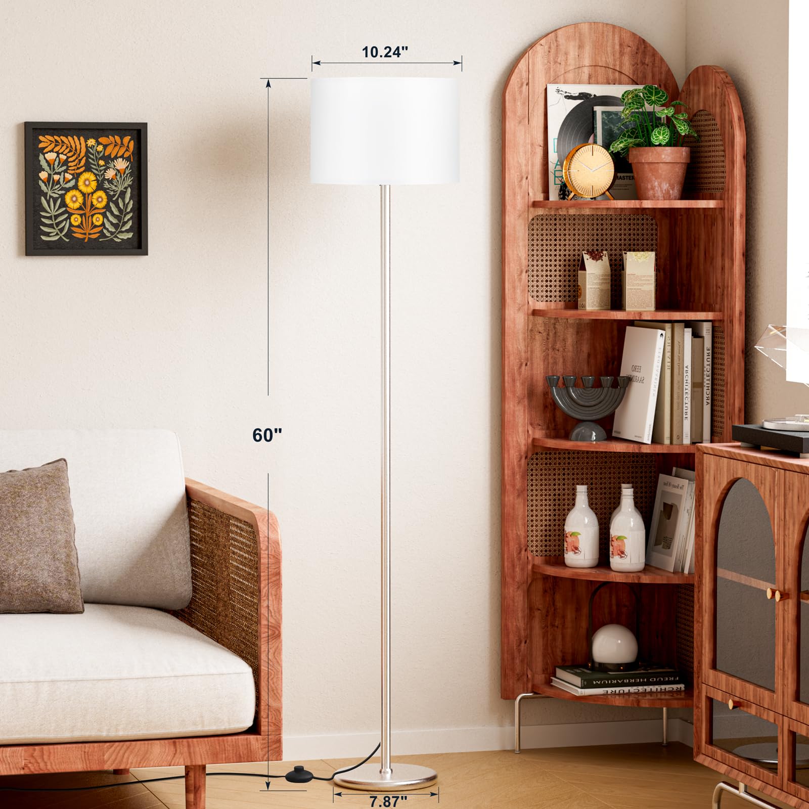 Modern Floor Lamp Simple Design with White Shade, Foot Pedal Switch, 60" Small Tall Lamps for Living Room Bedroom Office Dining Room Kitchen, Black Pole Lamp(Without Bulb)