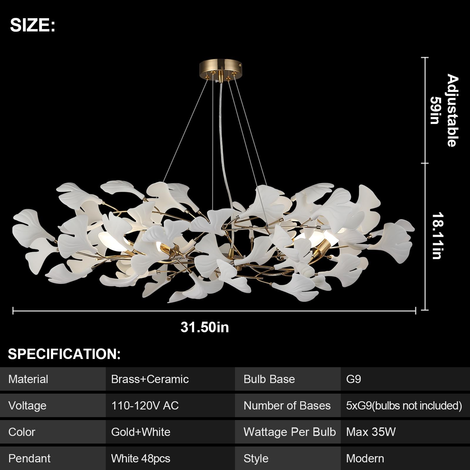 59 Inch White Rectangle Chandelier Ceramic Ginkgo Leaf Chandeliers Brass Large Chandeliers Modern Art Deco Chandelier for Dining Room Living Room,10-Light