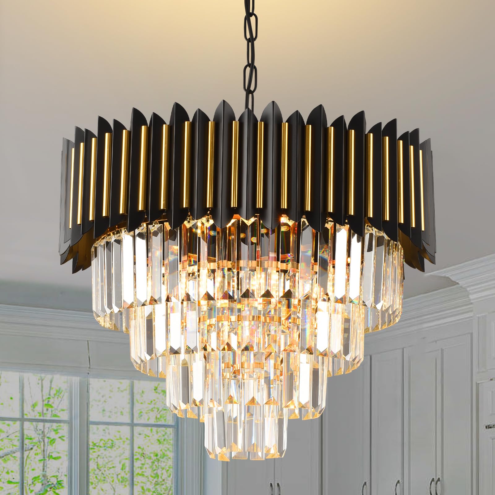 Modern Crystal Chandeliers 3 Tiers Black and Gold Chandelier Pendant Light Fixtures Round Flush Mount Chandeliers Ceiling Lighting for Living Room Dining Room Foyer Bedroom Entryway Kitchen W16in