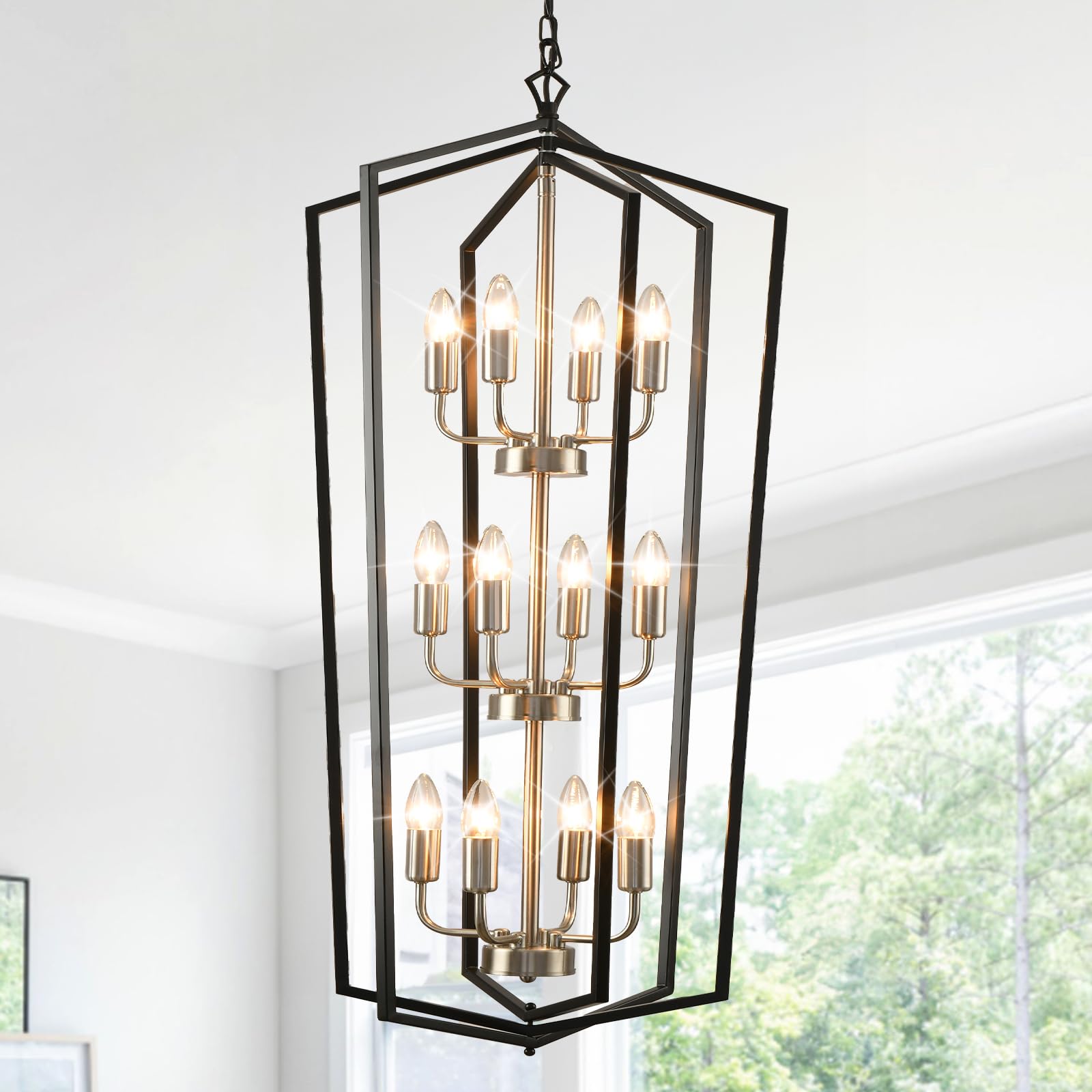 4-Light Lantern Pendant Light, 18.1" Gold Kitchen Pendant Light, Modern Geometric Chandelier, Adjustable Chain Cage Hanging Pendant Light Fixture for Bedroom, Kitchen Island, Foyer, Entrance