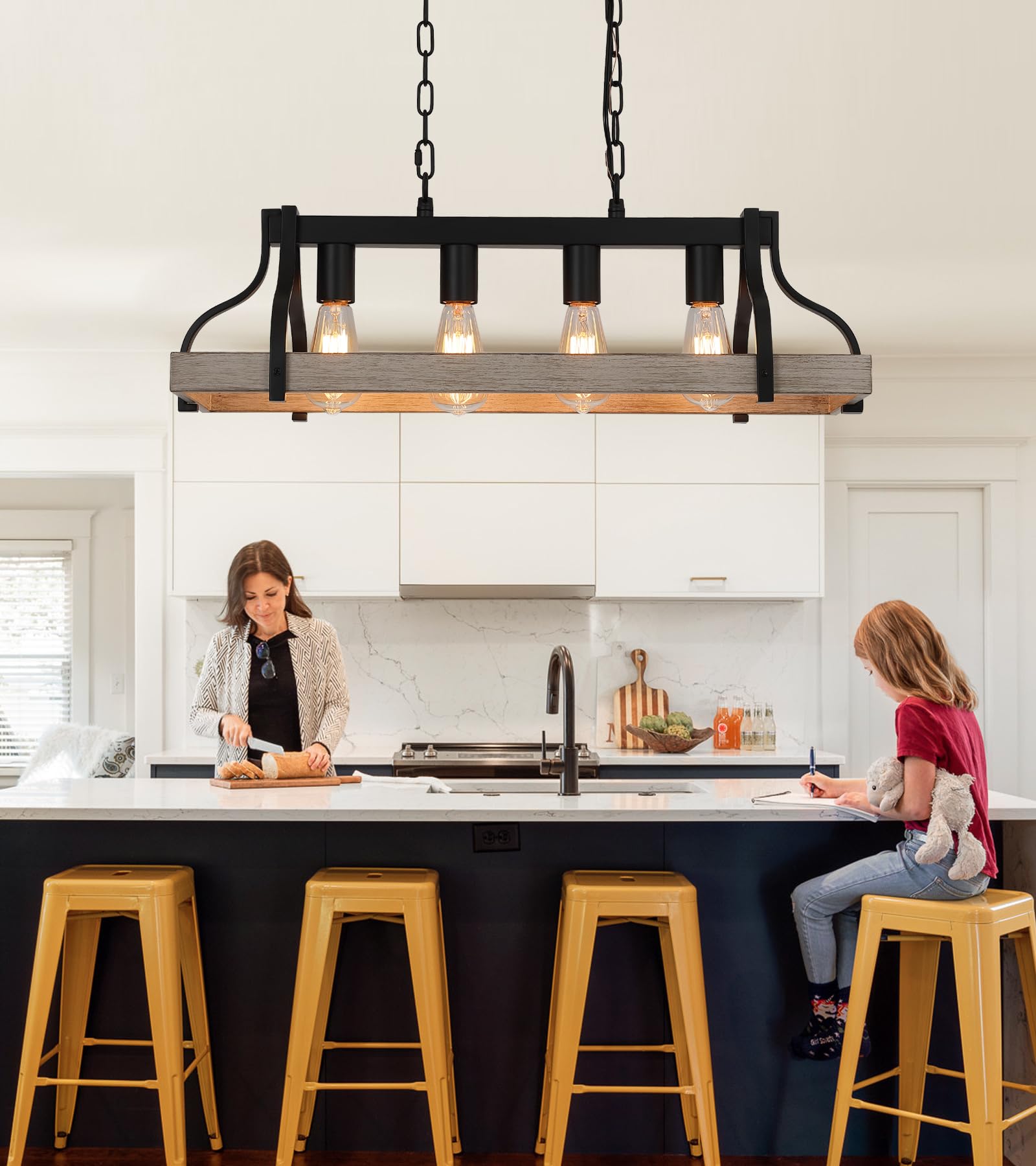 Rustic Kitchen Island Dining Room Light Fixture Farmhouse Linear Chandelier Black and Retro Wood Finish 5-Light Industrial Metal Hanging Pendant Light UL Listed L33.5 W10.6