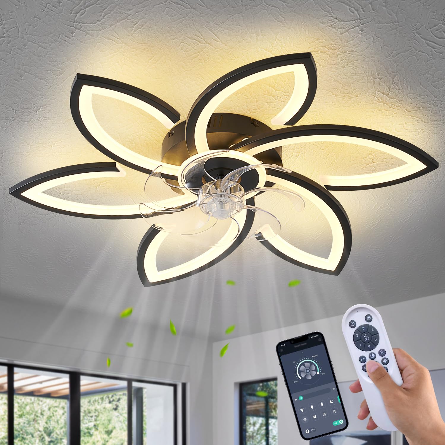 Ceiling Fan with Lights Remote Control, 24" Black, 6 Speeds 3 Light Color Low Profile Flush Mount Ceiling Fan for Kitchen Bedroom