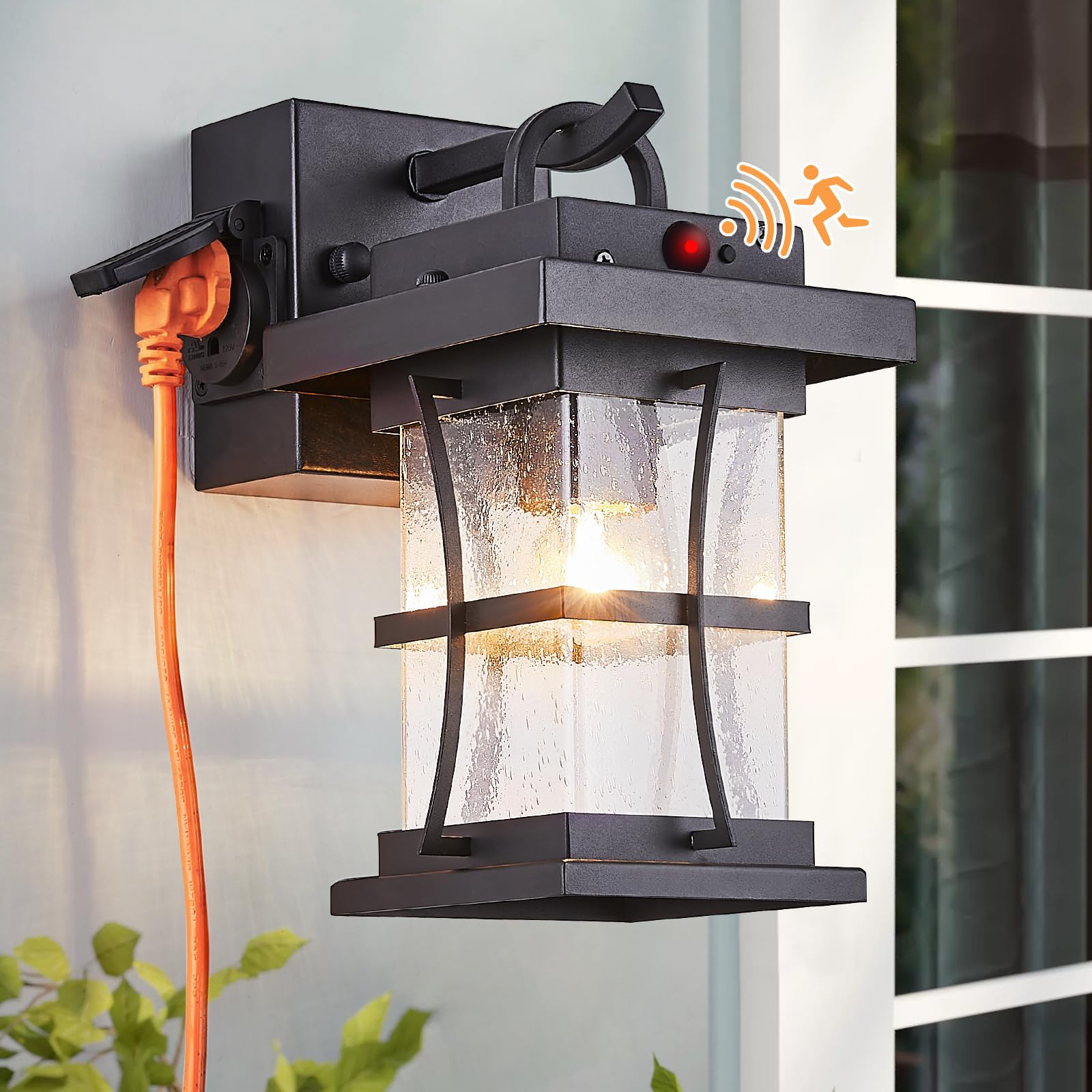 Outdoor Pendant Light Fixture with Dusk to Dawn Sensor Exterior Hanging Lantern with Adjustable Chain Black with Seeded Glass Outside Lights for House Patio Front Porch Lighting