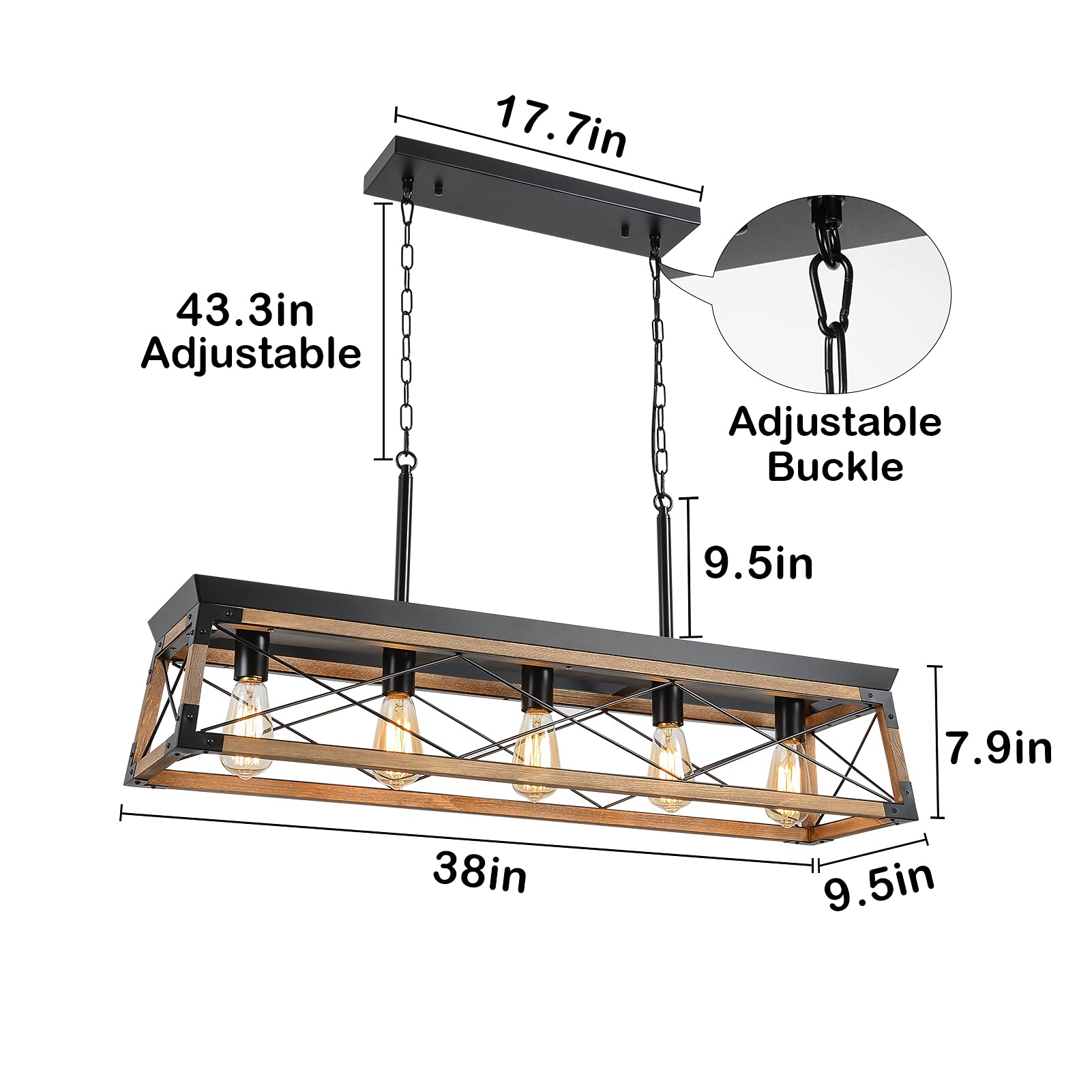 Airposta Kitchen Island Lighting, 33.5-Inch 5 Lights Farmhouse Linear Chandelier for Dining Room Pool Table Pendant Light Fixture, Rustic Wood Grain Finish, Industrial Pendant Light