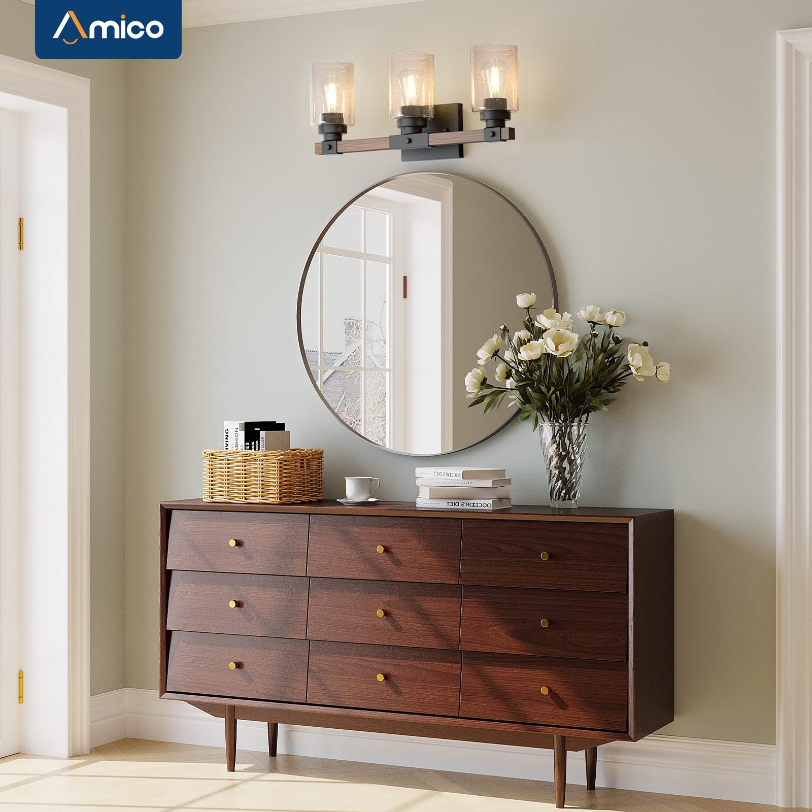 Amico Farmhouse Bathroom Vanity Light Fixtures,Rustic 4-Light Industrial Painted Wood Vanity Lights for Bathroom,Vintage Black Wall Sconces Bathroom Vanity Lighting with Bubble Glass Shade