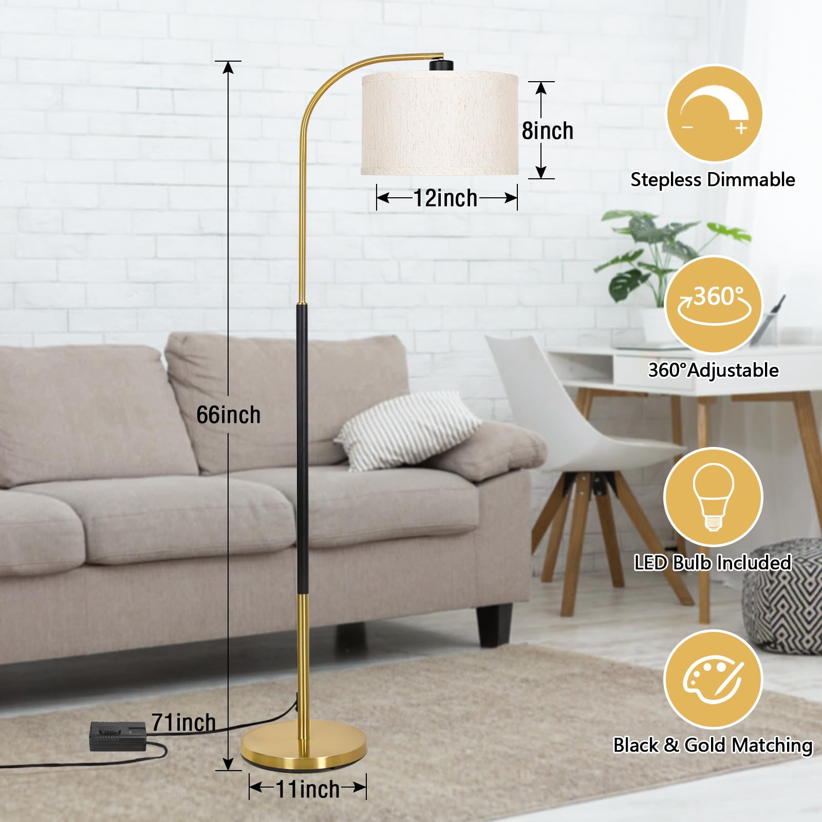 LED Floor Lamp Fully Dimmable Modern Standing Lamp Arc Floor Lamp with Adjustable Drum Shade, Gold Tall Pole Reading Lamp Corner Light for Living Room Bedroom Study Room, Bulb Included