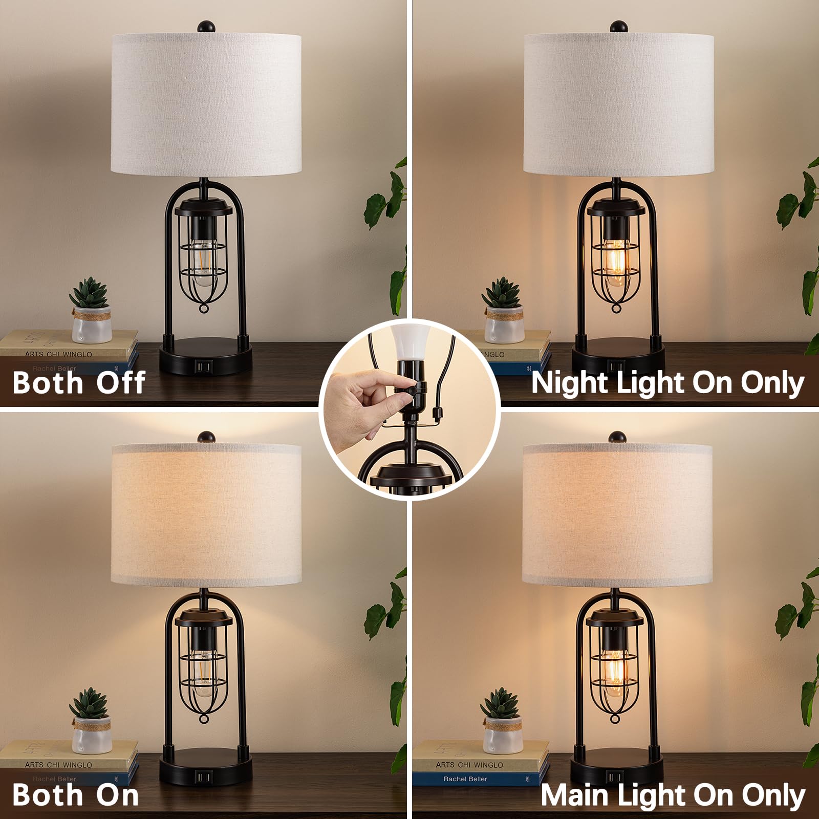 Modern Living Room Table Lamp Set of 2 with Night Light,Black Touch Control Lamp Sets with USB Ports and Outlets,Four Bulbs Included