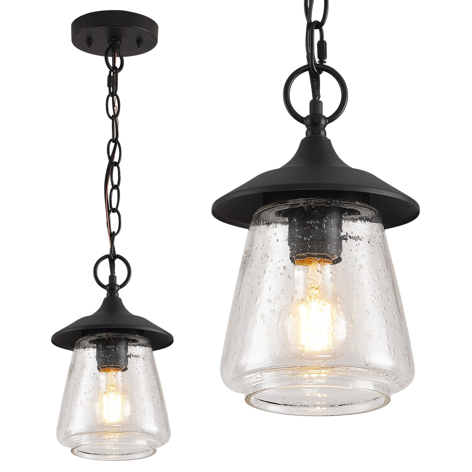 Outdoor Pendant Light, Black Outdoor Porch Light fixtures with Anti-Rust, Exterior Hanging Lantern, Height Adjustable Outside Chandelier with Water Glass for House Patio Garage