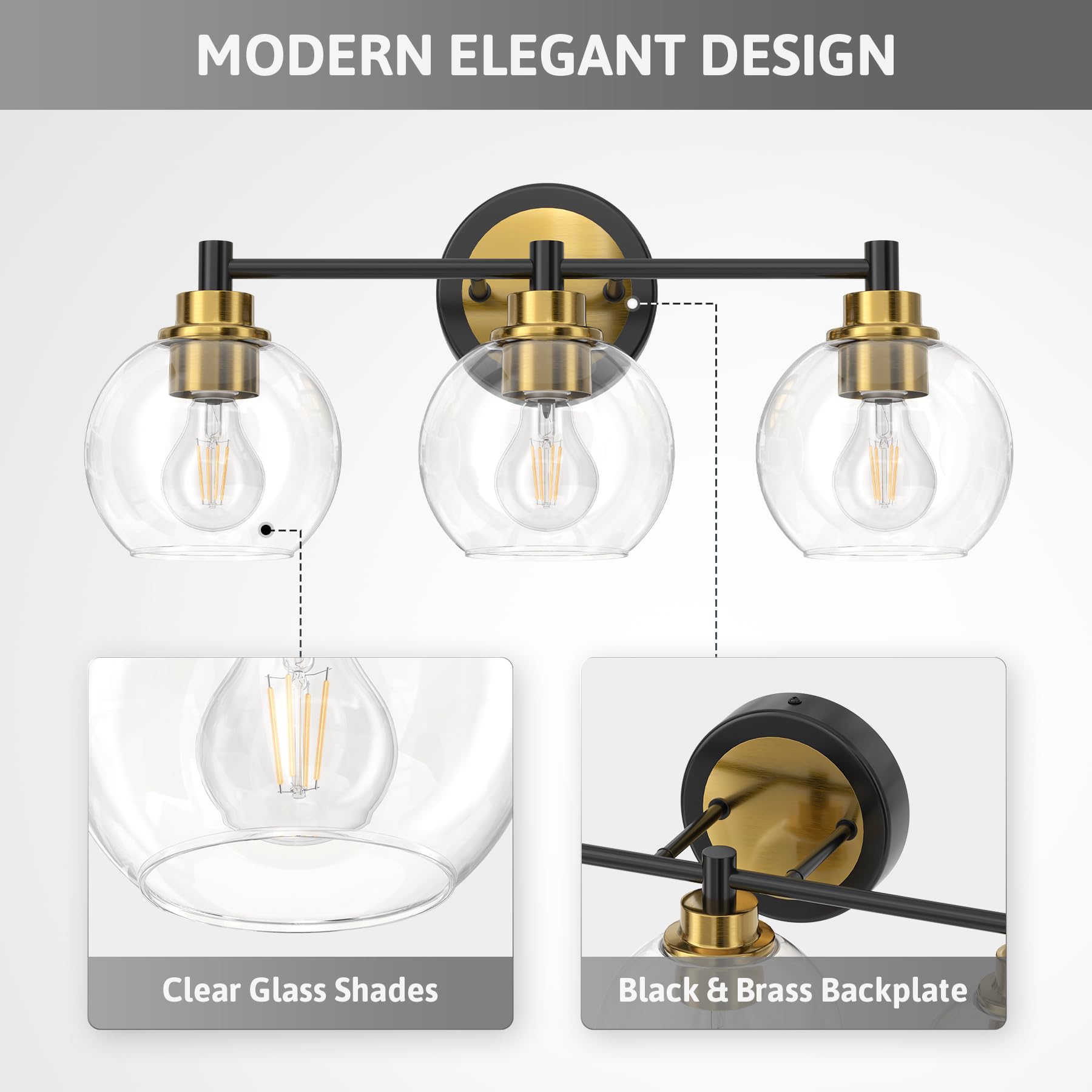 Bathroom Light Fixtures, 2-Light Bathroom Vanity Light with Globe Glass Shades E26 Sockets, Bathroom Lights Over Mirror for Bedroom Hallway Living Room, Gold Finish