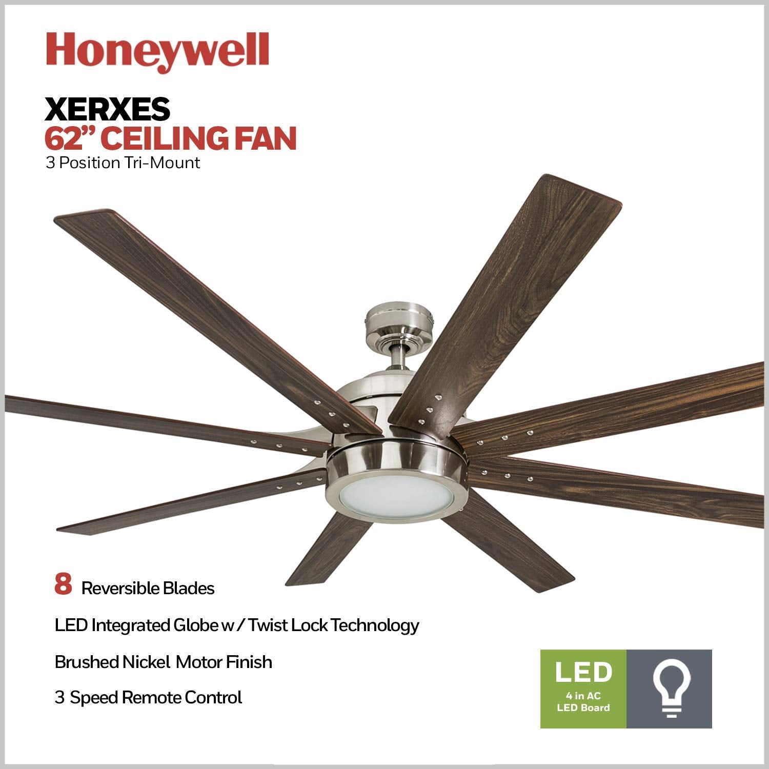 Ceiling Fans Xerxes, 62 Inch Contemporary LED Ceiling Fan with Light and Remote Control, 8 Blades with Dual Finish, Reversible Motor - 51628-01 (Brushed Nickel)