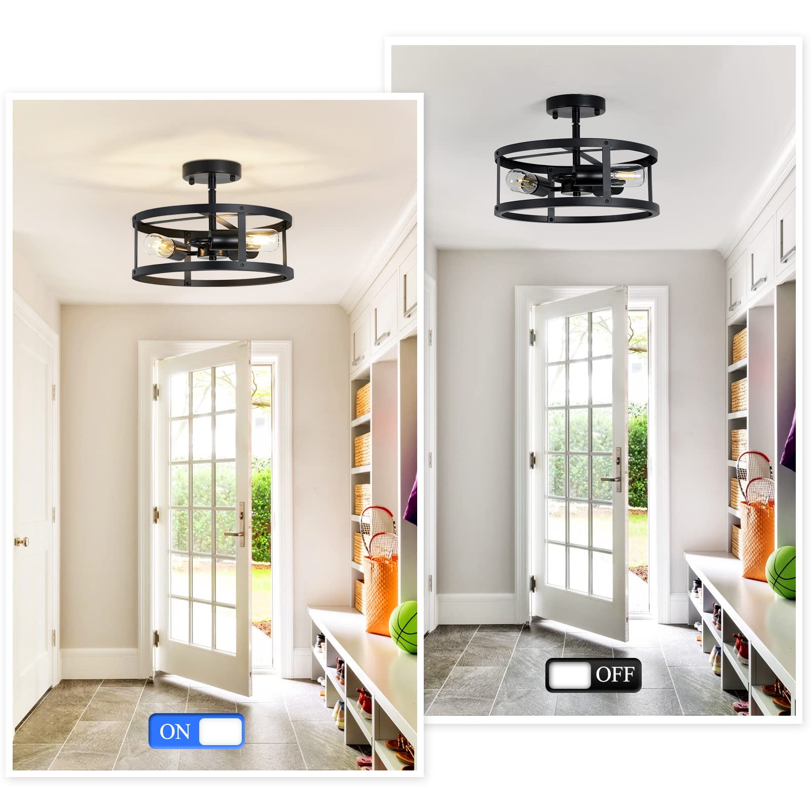 Black Semi Flush Mount Ceiling 3-Light Hallway Light Fixtures Ceiling Mount for Farmhouse,Kitchen,Hall (2 Pack)