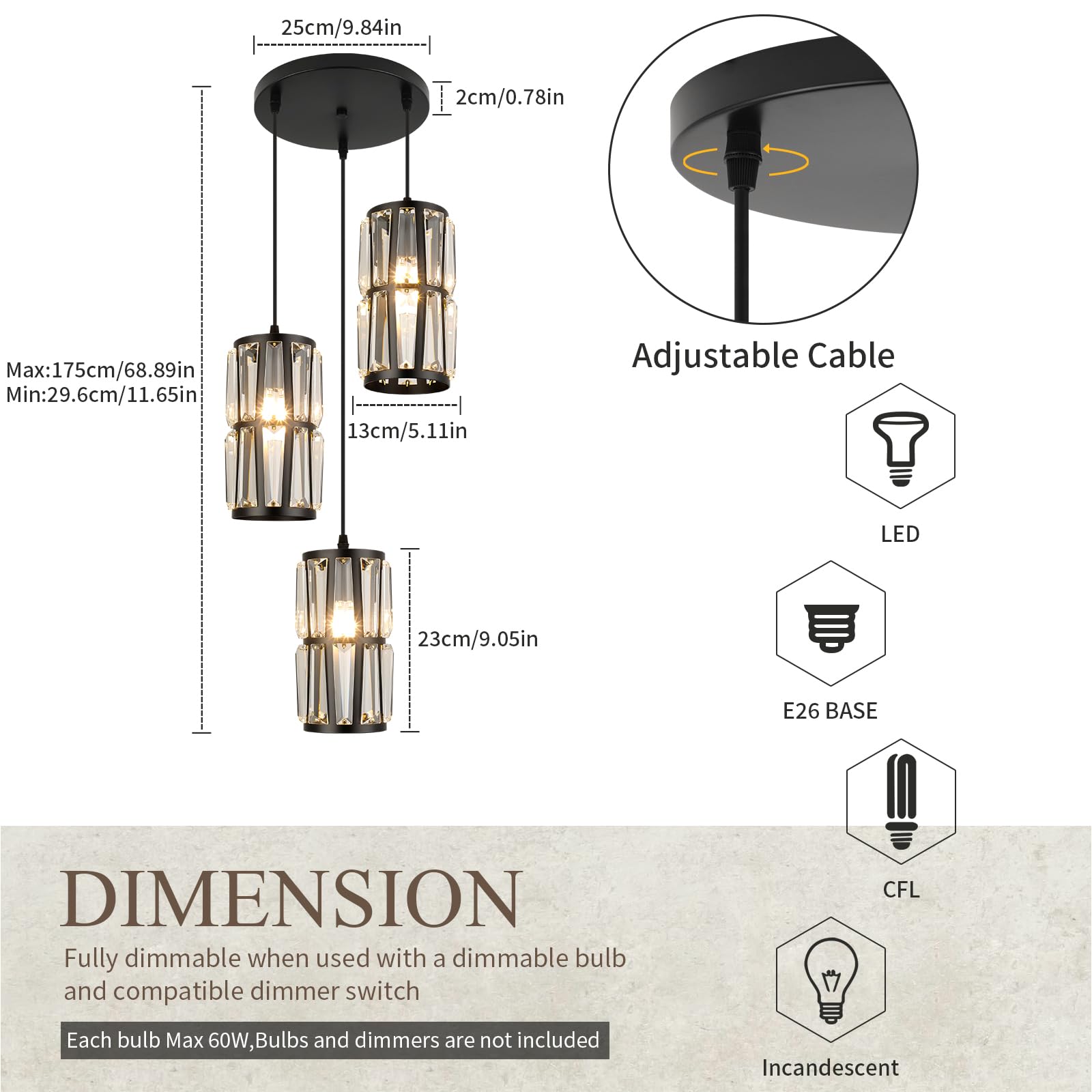 WILON Industrial Pendant Lighting, Pendant Lights for Kitchen Island 3 Light Glass Pendant Light Fixture with Seeded Glass Shade, Adjustable Cord Farmhouse Ceiling Light Black finish Linear Chandelier