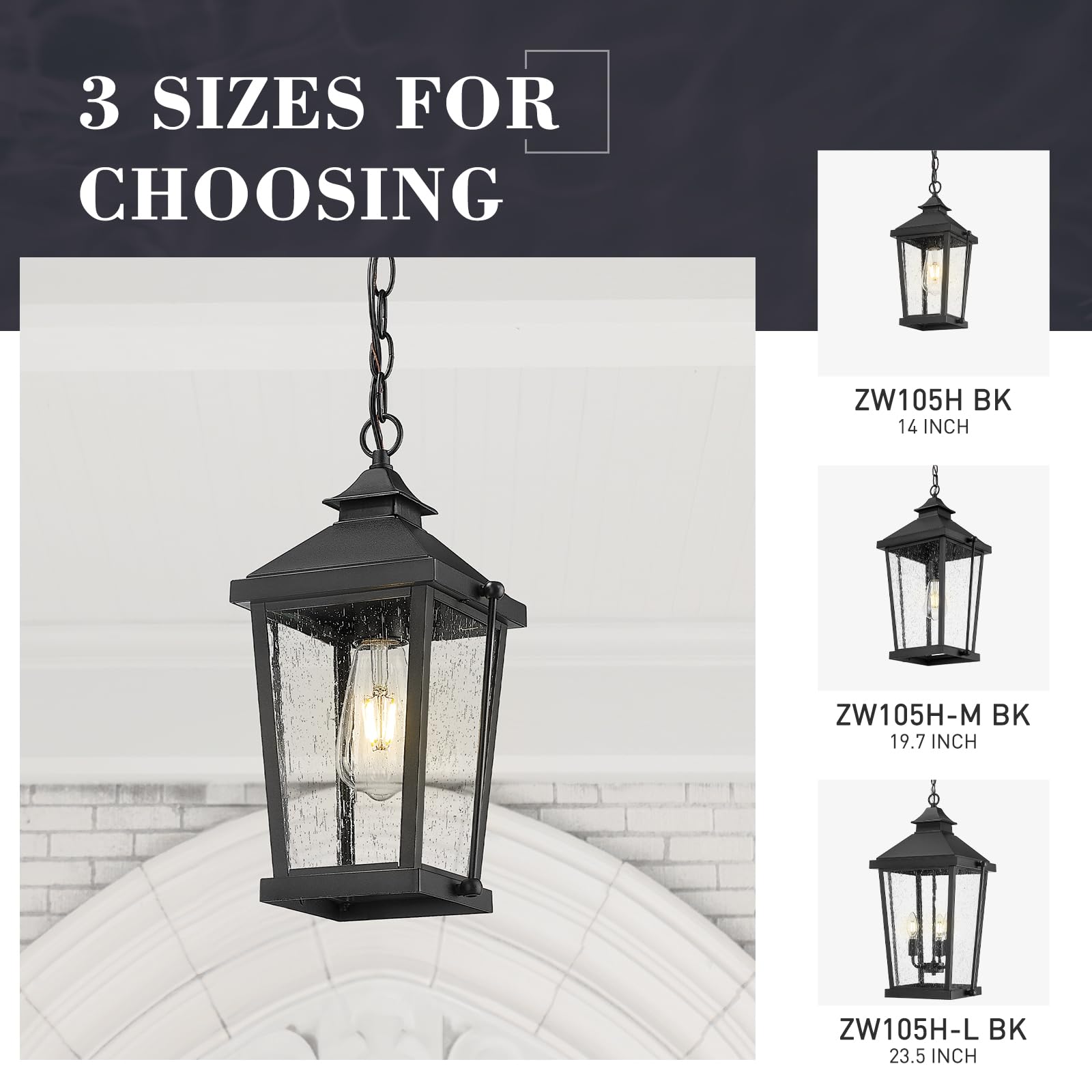 20 Inch Outdoor Pendant Lights for Porch, Modern Outdoor Hanging Porch Light, Die-Cast Aluminum with Seeded Glass, Black Finish, ZW105H-M BK