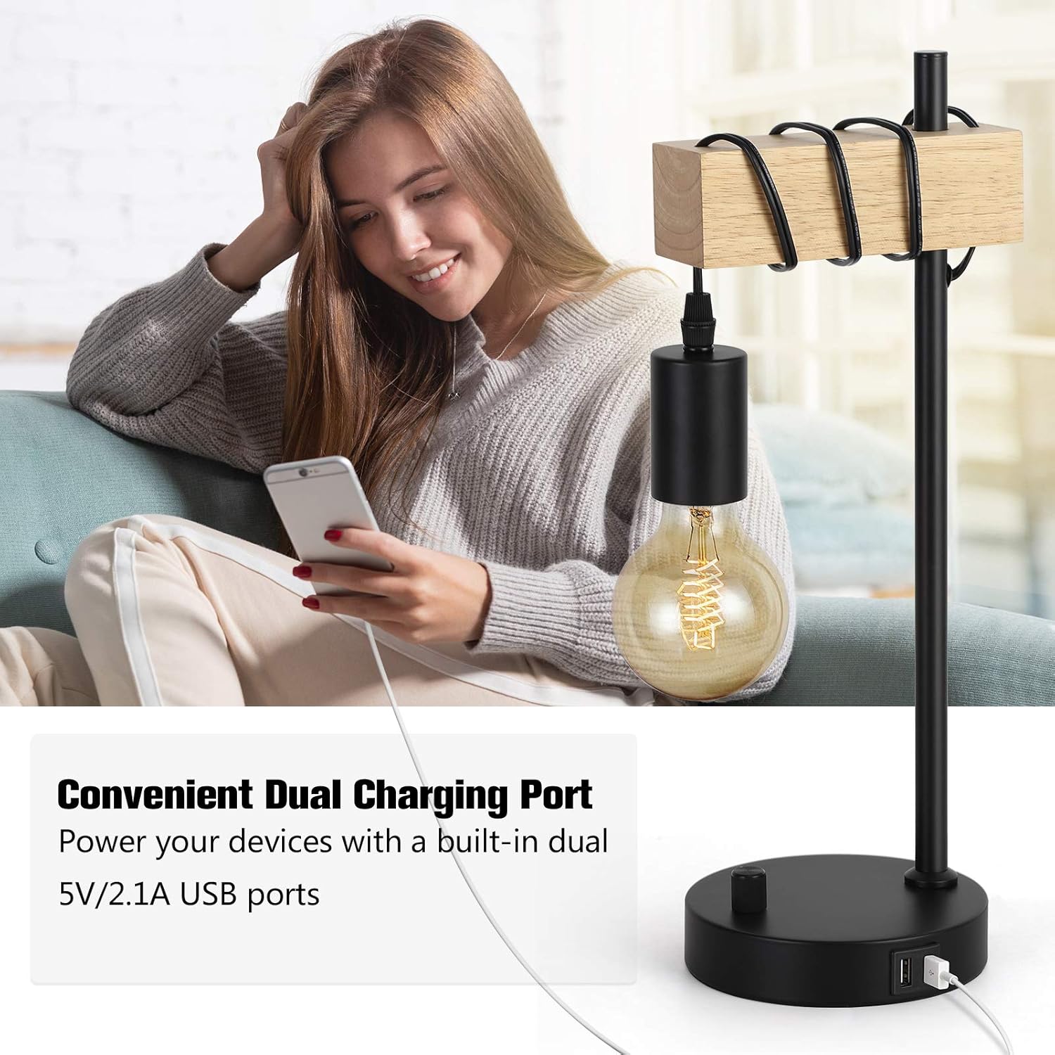 Industrial Table Lamp, Bedside Nightstand Lamp with 2 USB Charging Ports, Vintage Desk Lamp with Solid Wood for Bedroom Living Room Office