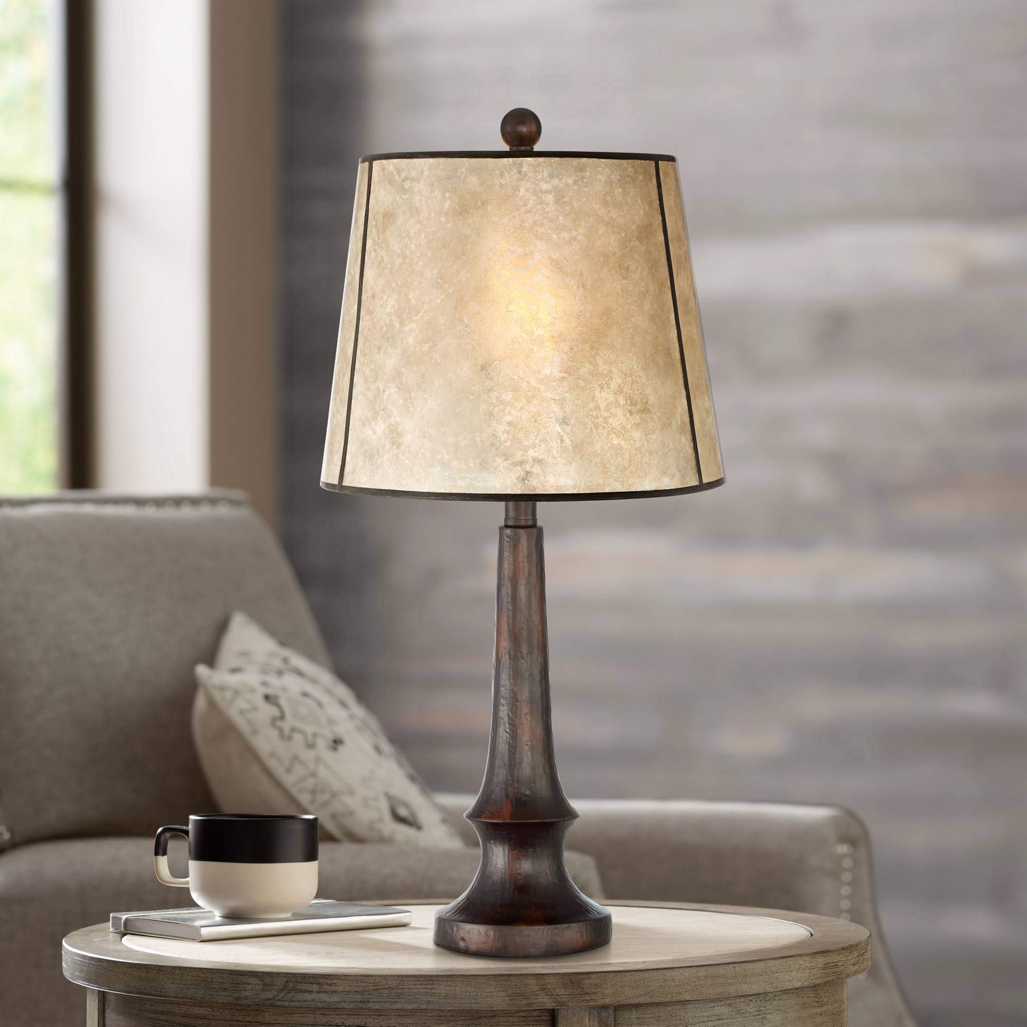 Industrial Rustic Farmhouse Table Lamp 25" High Aged Bronze Brown Beige Mica Tapered Drum Shade Decor for Bedroom Living Room House Home Bedside Nightstand Office Family