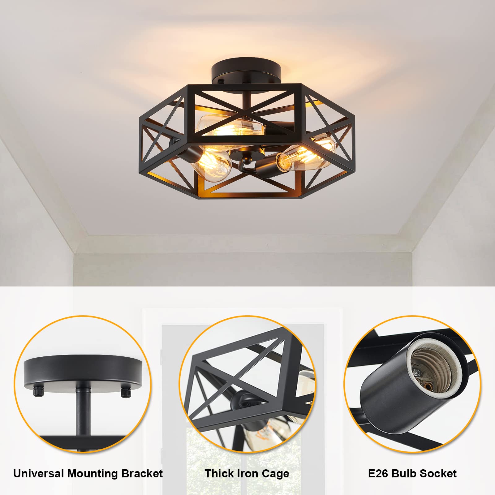 Semi Flush Mount Ceiling Light Fixture, Modern Farmhouse 3-Light Black Ceiling Light, Industrial Close to Ceiling Light with Metal Hexagon Cage Ceiling Lamp for Kitchen, Hallway, Bathroom