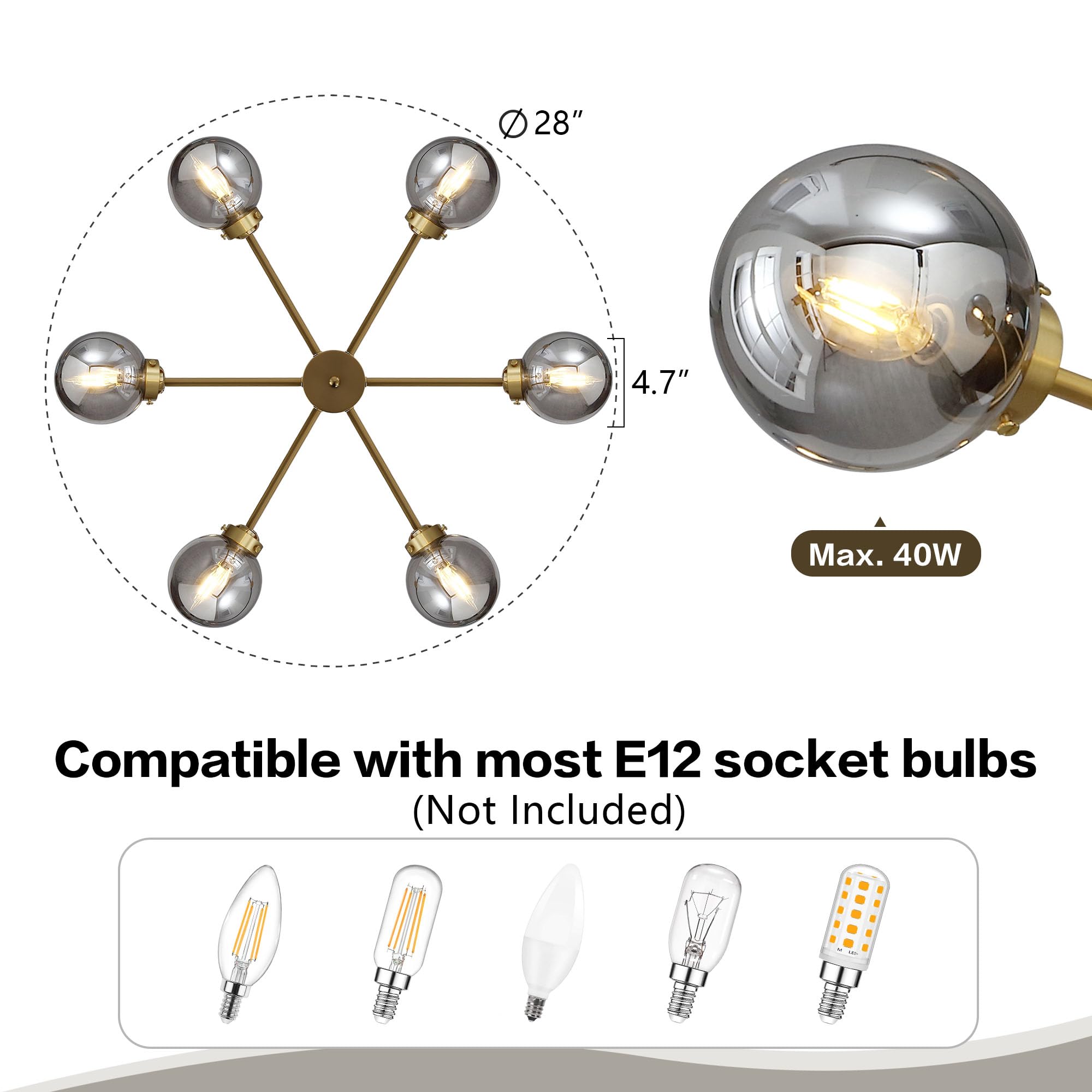 6-Light Sputnik Chandelier, Modern Pendant Light Fixture with 4.7" Clear Glass Globe Shade for Flat and Slop Ceiling, Height Adjustable for Kitchen Living Room Dining Room Bedroom, Black