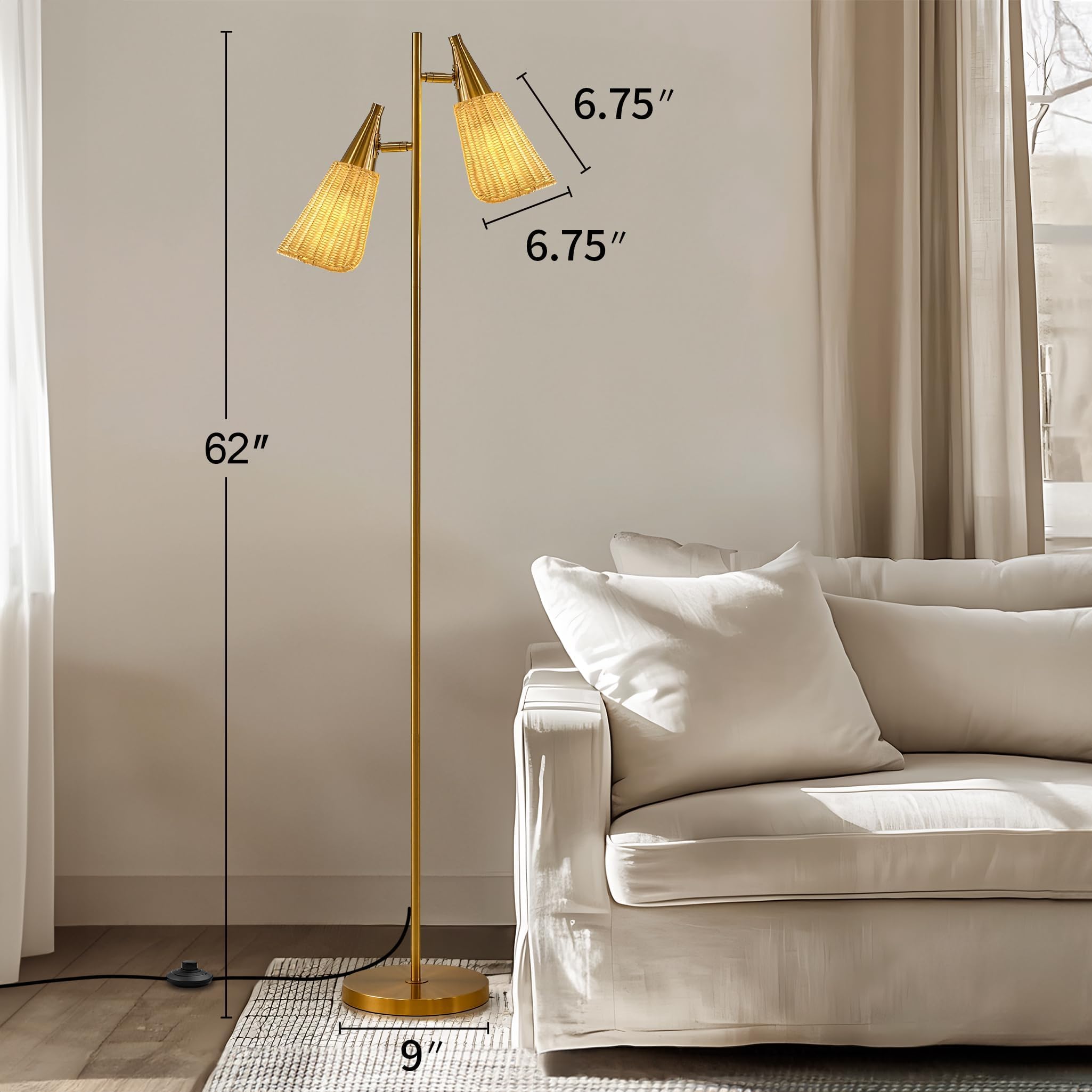 61" Modern Gold Floor Tree Lamp with 2 Light Source Standing Tall Pole Lamps with Foot Switch for Living Rooms, Bedrooms, Home, Office