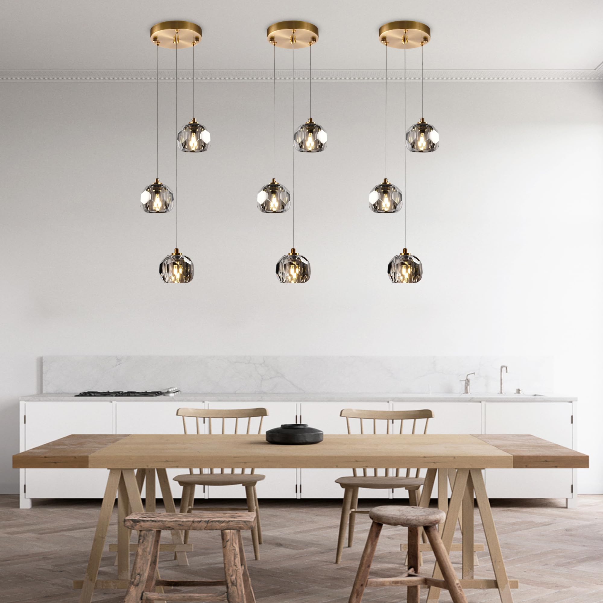 3-Light Prism Crystal Pendant Light, Modern Smoke Crystal Pendant Light Fixtures 9W, Triple Pendant Round Ceiling Pendant Lighting for Dining Room Kitchen Island