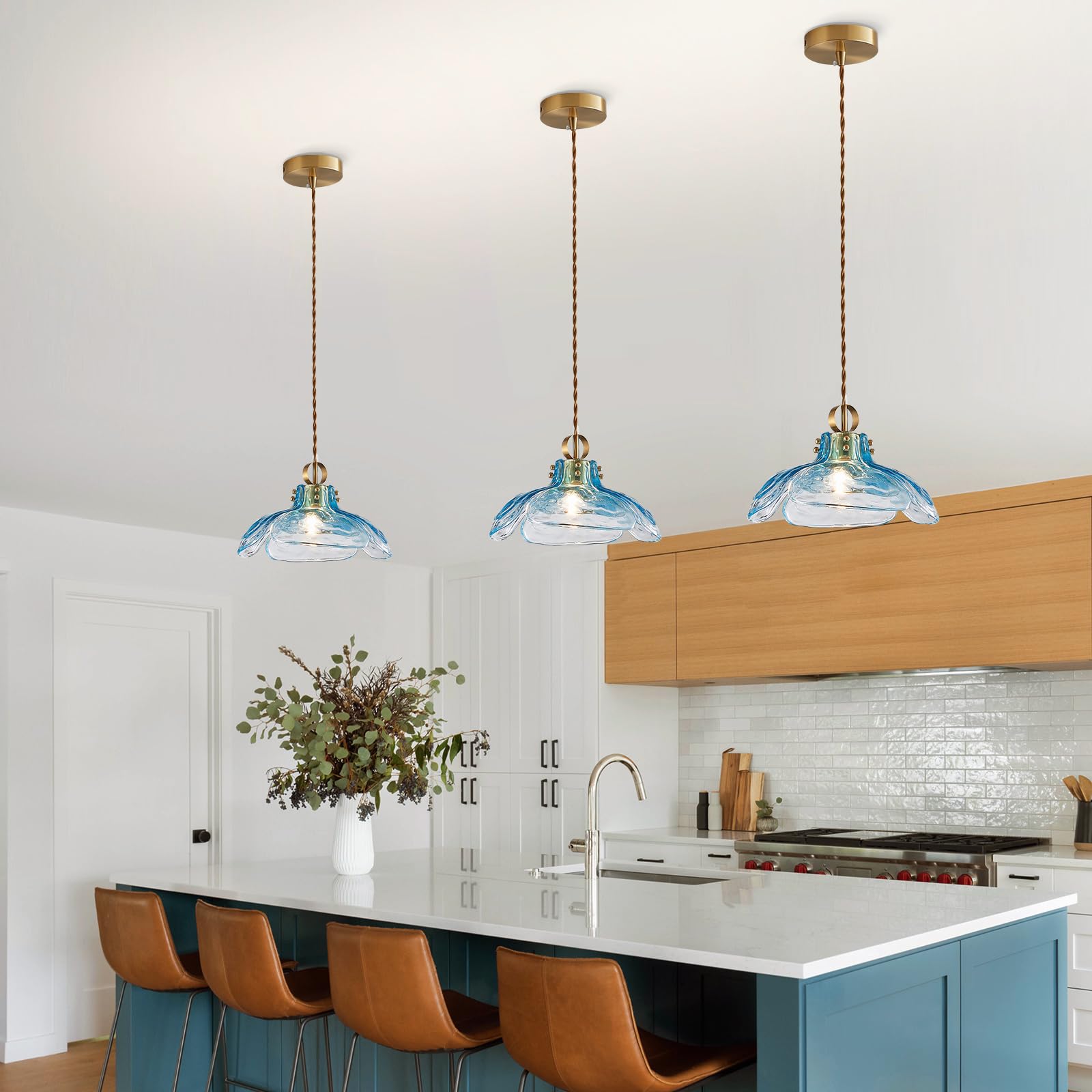 Pendant Light Fixtures 12.99" D, Glass Hanging Pendant Lights, Pendant Lighting for Kitchen Island Living Room Hallway Bedroom, 1-Light E26 Base, Blue