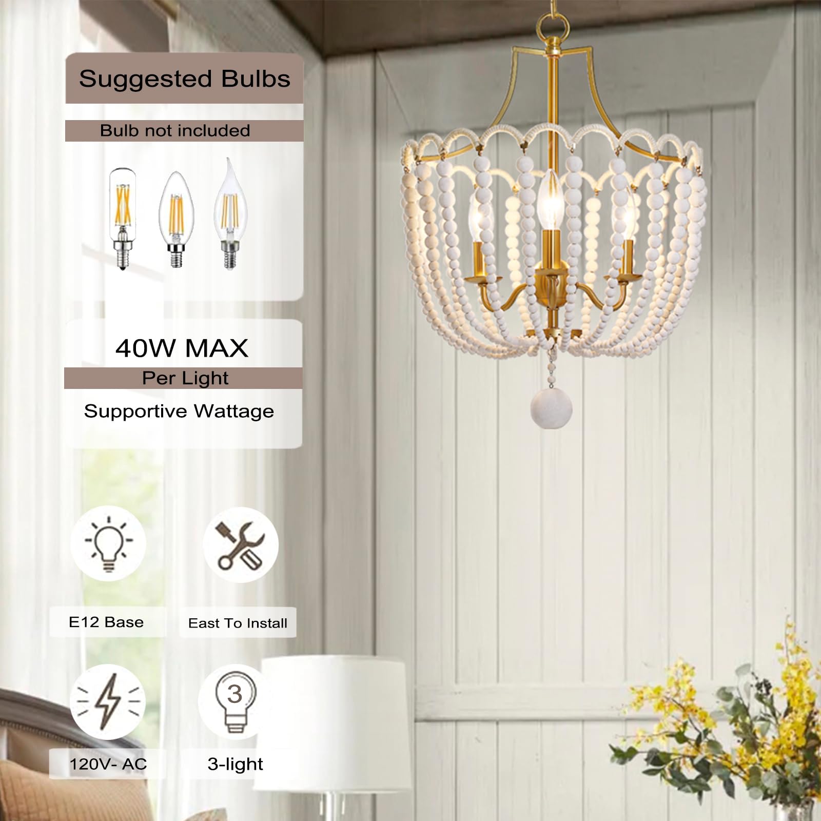 Boho Bead Chandelier, 3-Light Wood Beaded Gold Chandelier Light Fixture for Nursery Entryway Foyer Hallway Bedroom, Solid White Wood Beads, Electroplated Brass Metal