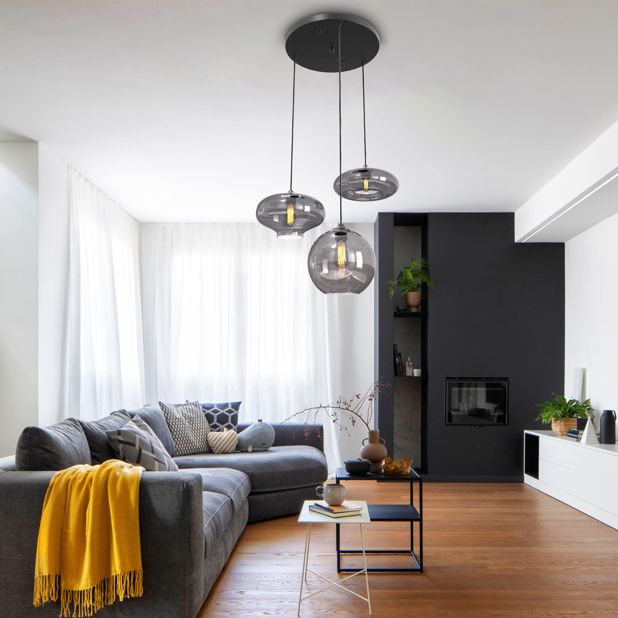 Modern 3 Lights Glass Pendant Light Smoky Gray Glass Globe Cluster Chandelier Lighting Fixtures Black Adjustable Kitchen Island Hanging Pendant Lighting Nordic Multi Lights Pendant Lamp