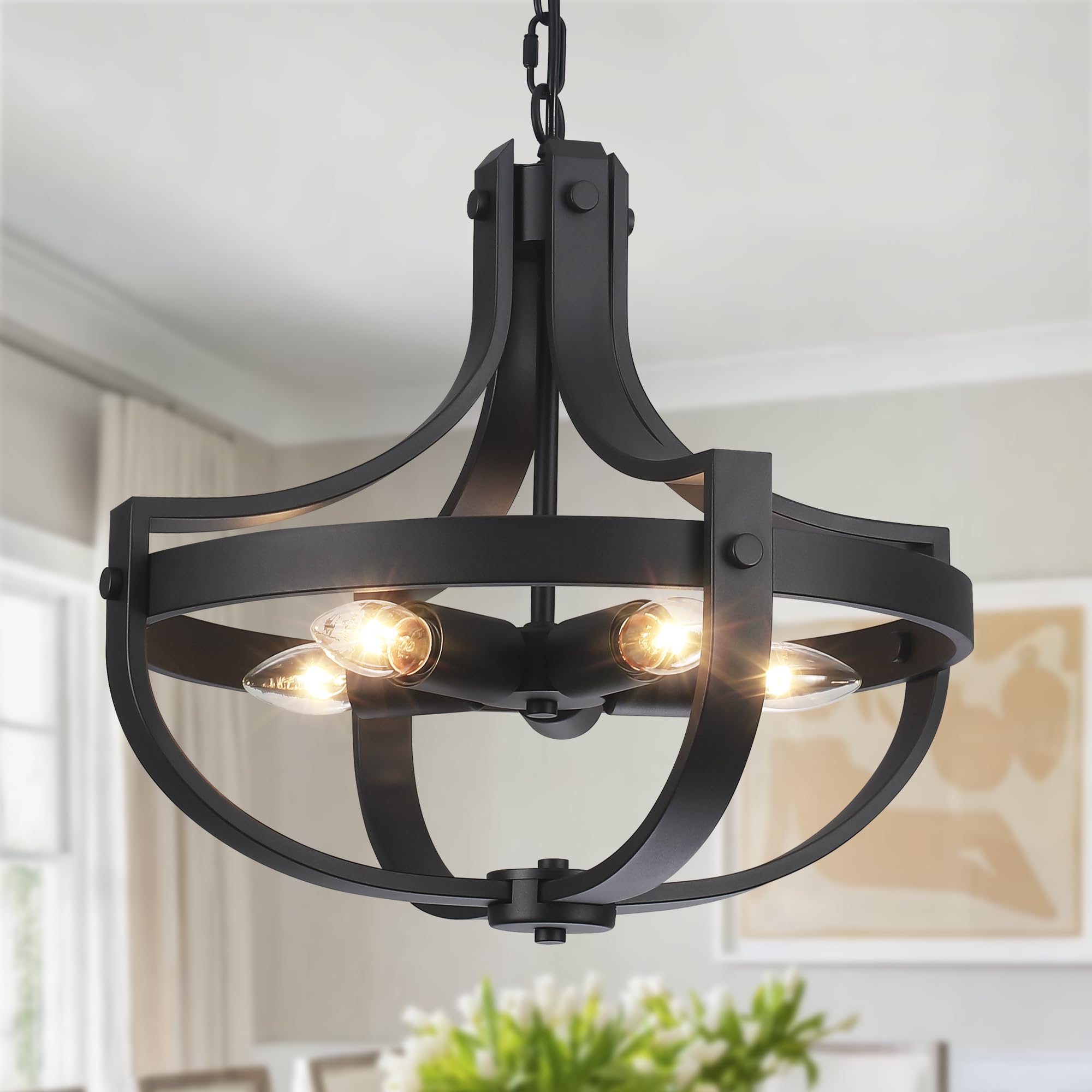 Black Cage Farmhouse Chandelier,Modern Foyer Light Fixture, Adjustable Height Industrial Chandeliers Pendant Light for Kitchen Island,Entryway-4 Light