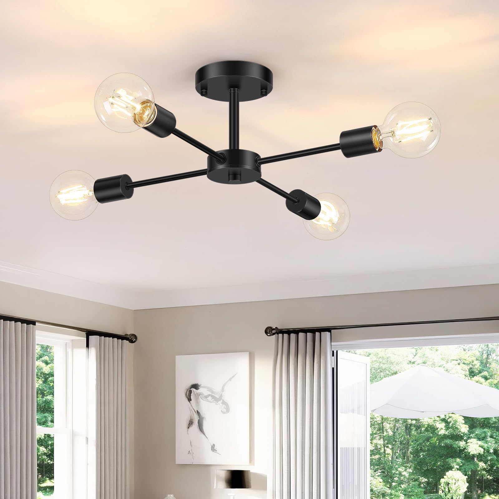 6-Lights Semi Flush Mount Ceiling Light, Matte Black Close to Ceiling Lighting with E26 Base, Modern Sputnik Light Fixtures for Kitchen Dining Room Bedroom Living Room