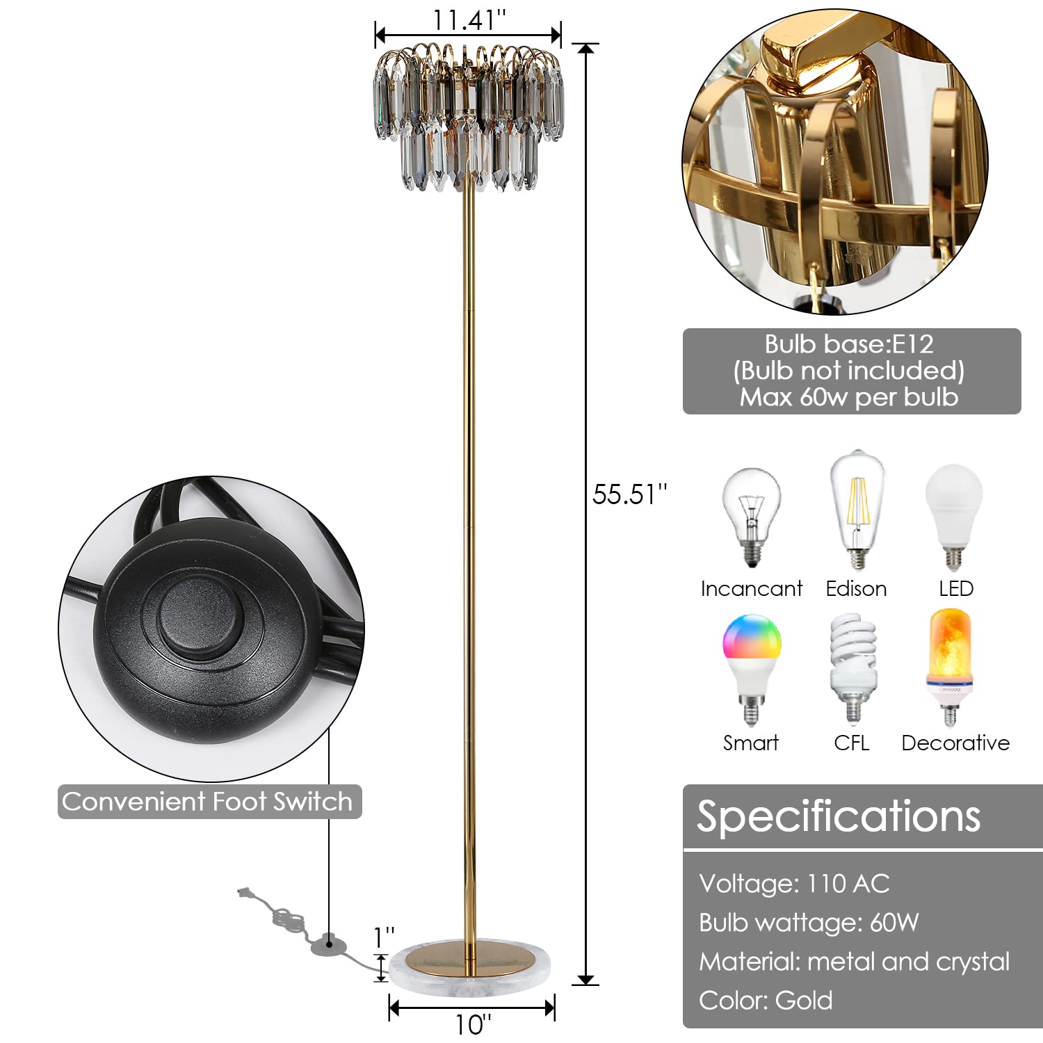 Crystal Floor Lamp, Elegant Standing Lamp, Modern K9 Crystal Floor Lamps with On/Off Foot Switch for Living Room, Bedroom, Dresser and Office